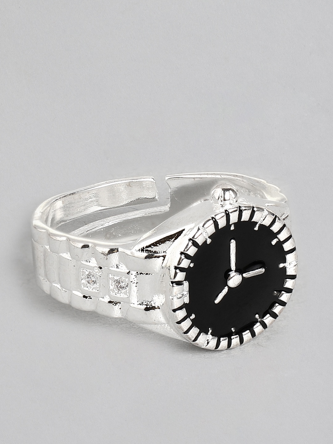

Jewels Galaxy Black Silver-Plated Clock Shaped Adjustable Finger Ring