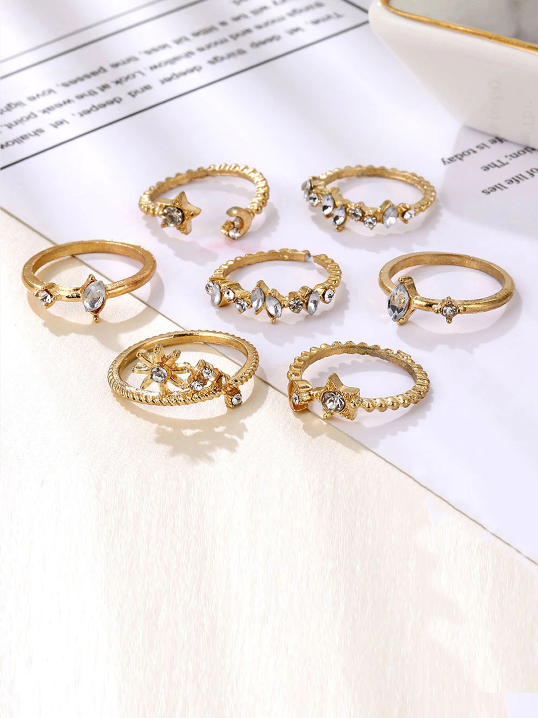 

Jewels Galaxy Set of 7 Gold-Plated Stone-Studded Finger Rings