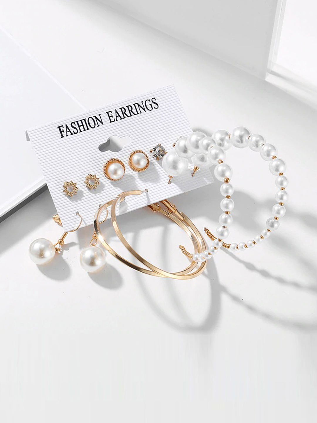 

Jewels Galaxy Set of 6 White & Gold-Toned Classic Studs & Hoop Earrings