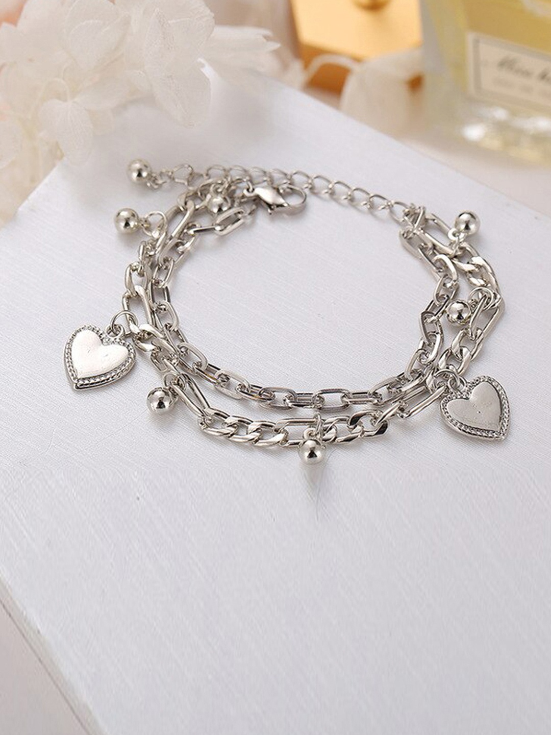 

Jewels Galaxy Women Silver-Plated Heart Charm Link Dual-Stranded Bracelet