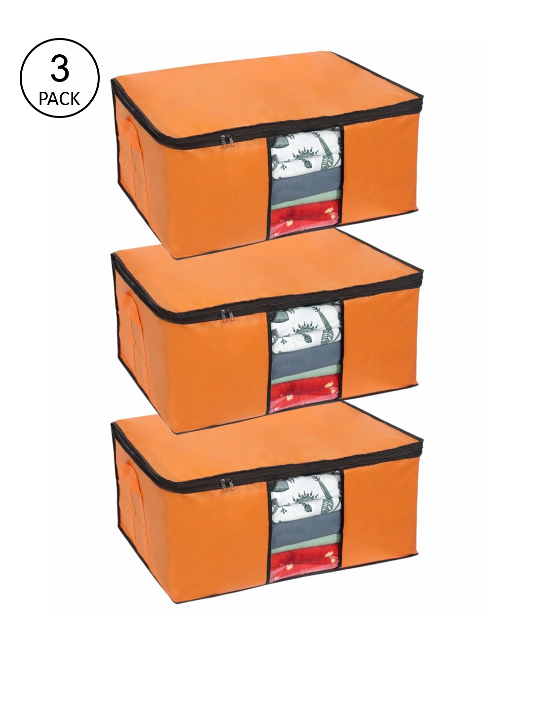 

prettykrafts Set Of 3 Orange Solid Underbed Large Storage Organisers
