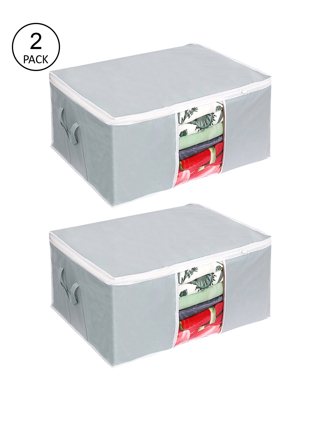 

prettykrafts Set Of 2 Grey Solid Underbed Large Storage Bags With Transparent Window
