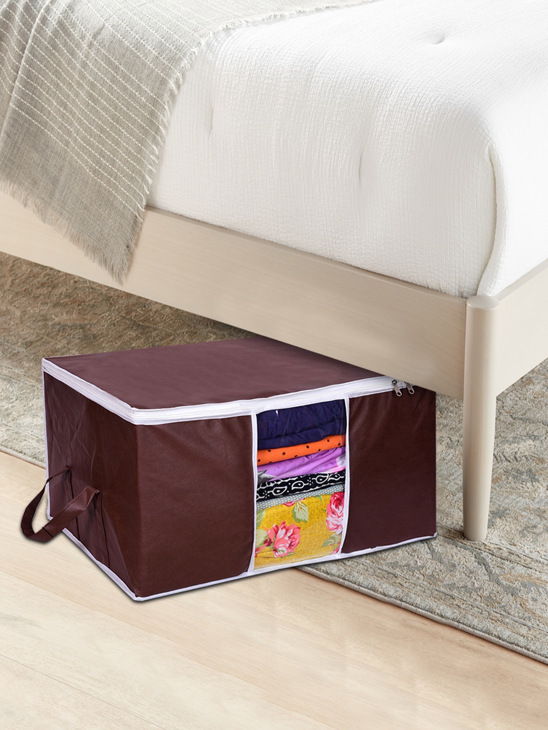 

prettykrafts Set Of 4 Brown Solid Underbed Large Storage Bags With Transparent Window