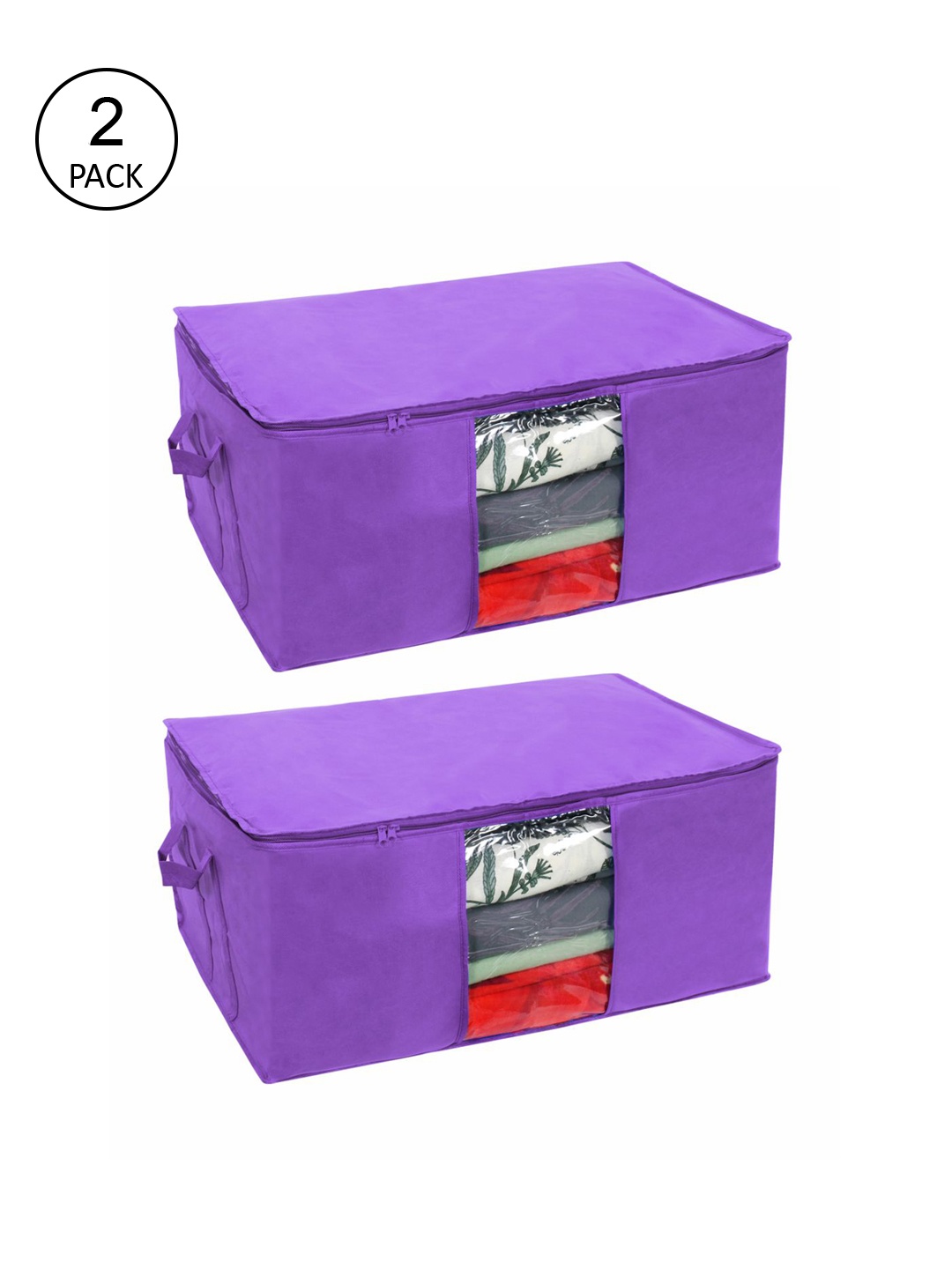 

prettykrafts Set Of 2 Purple Solid Underbed Large Storage Bags With Transparent Window