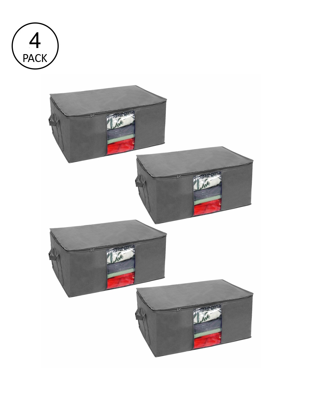 

prettykrafts Set Of 4 Grey Solid Underbed Large Storage Bags With Transparent Window