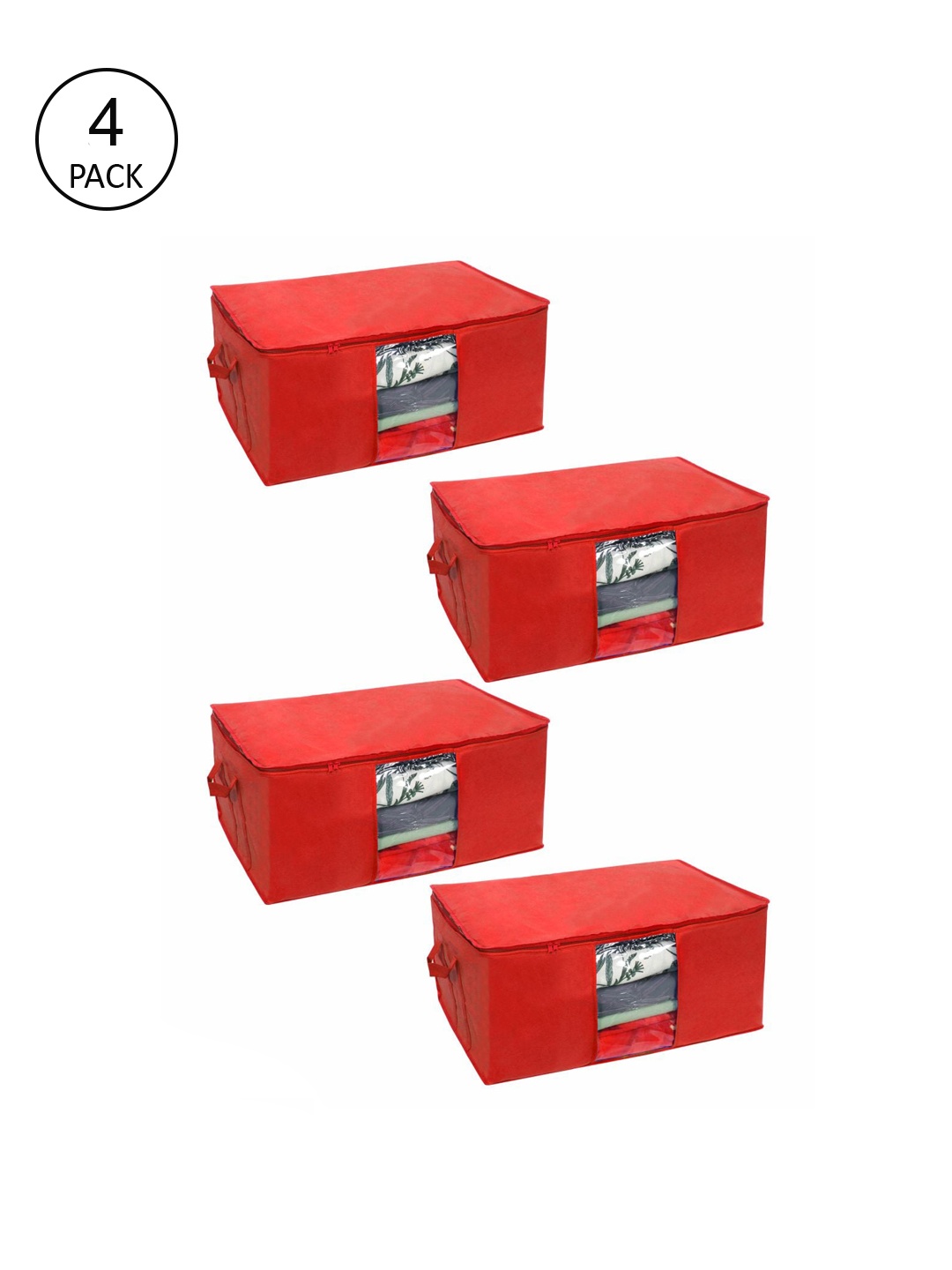 

prettykrafts Set Of 4 Red Solid Underbed Large Storage Bags With Transparent Window