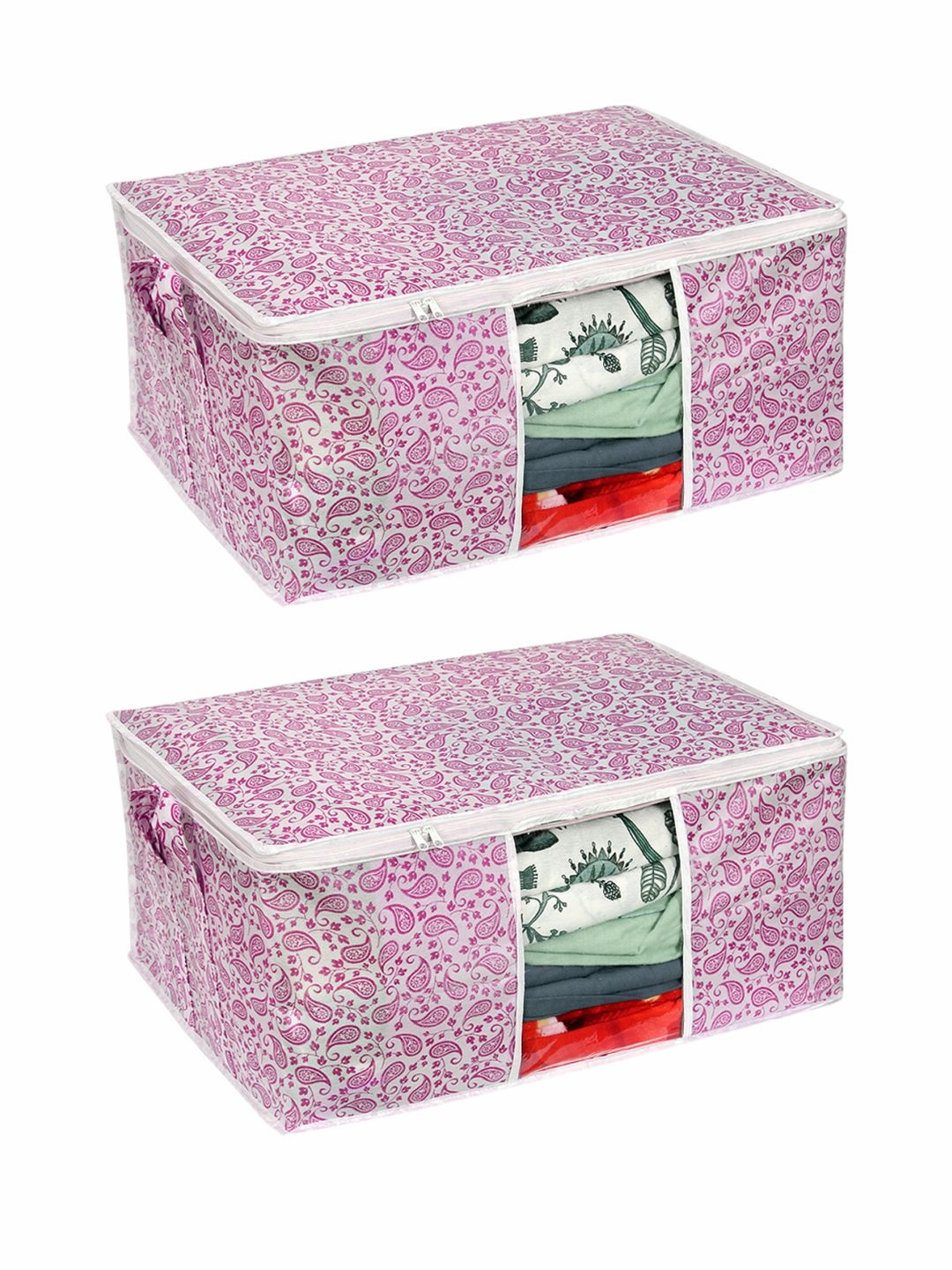 

prettykrafts Set Of 2 Pink Printed Underbed Large Storage Bags With Transparent Window