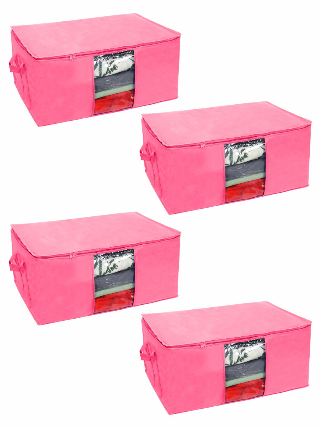 

prettykrafts Set Of 4 Pink Solid Underbed Large Storage Bags With Transparent Window