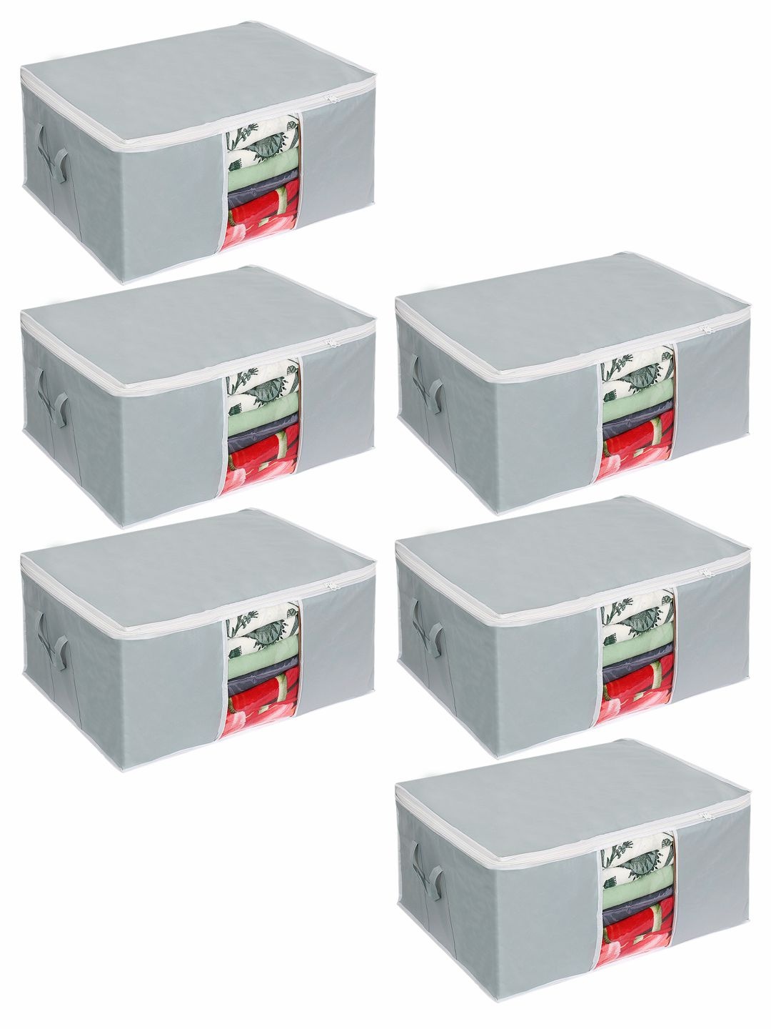 

prettykrafts Set Of 6 Grey Solid Underbed Large Storage Bags With Transparent Window