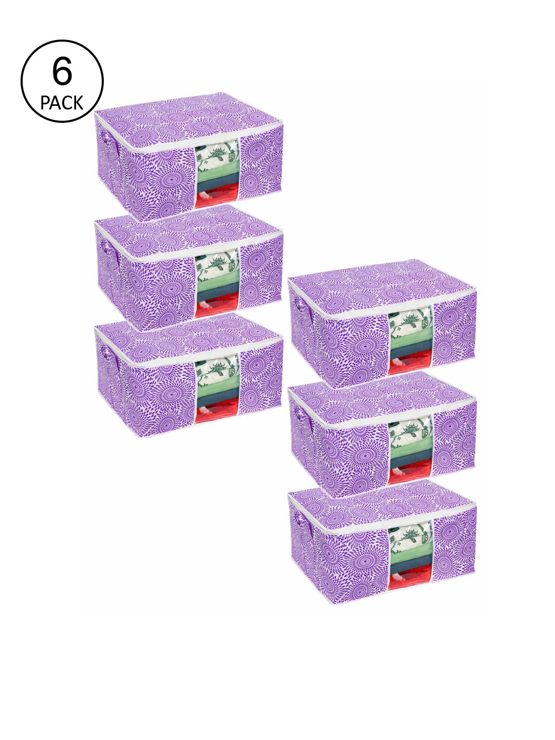 

prettykrafts Set Of 6 Purple Printed Underbed Large Storage Bags With Transparent Window
