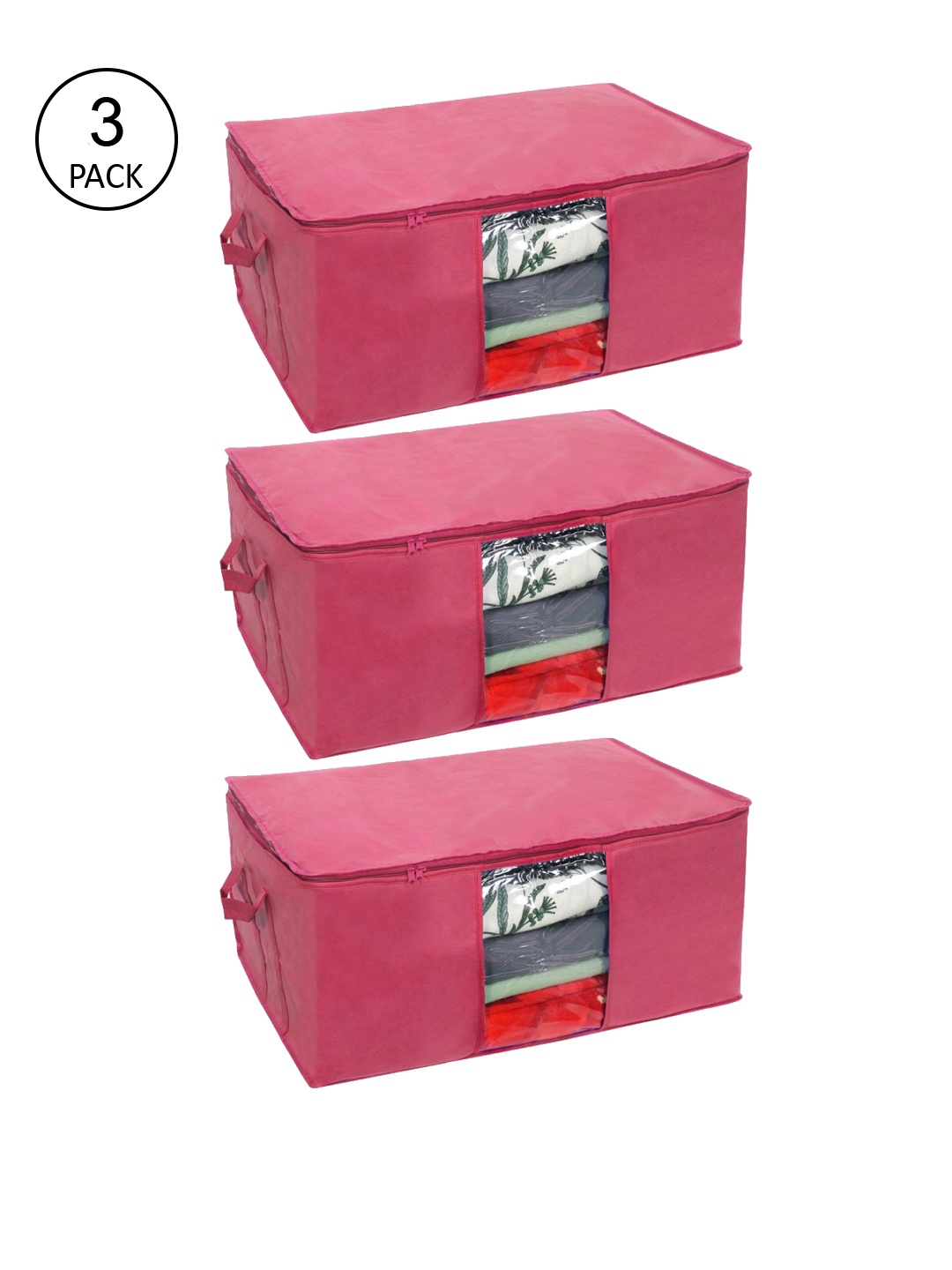

prettykrafts Set Of 3 Maroon Solid Underbed Large Storage Bags With Transparent Window