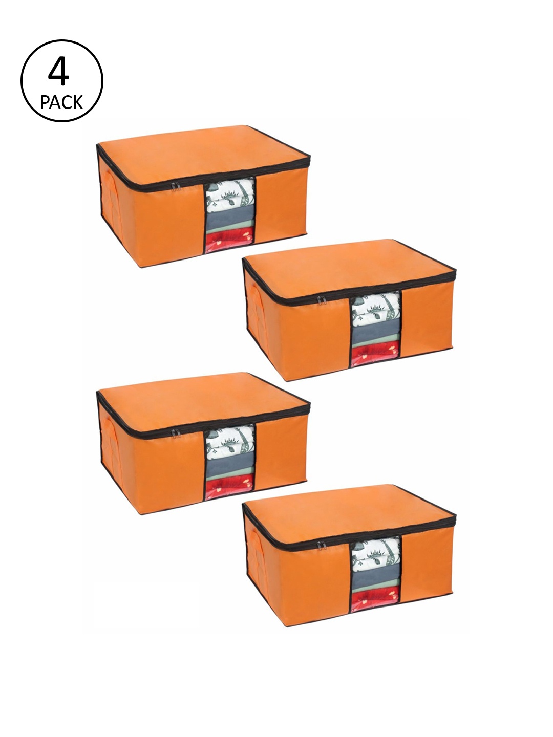 

prettykrafts Set Of 4 Orange Solid Underbed Large Storage Bags With Transparent Window