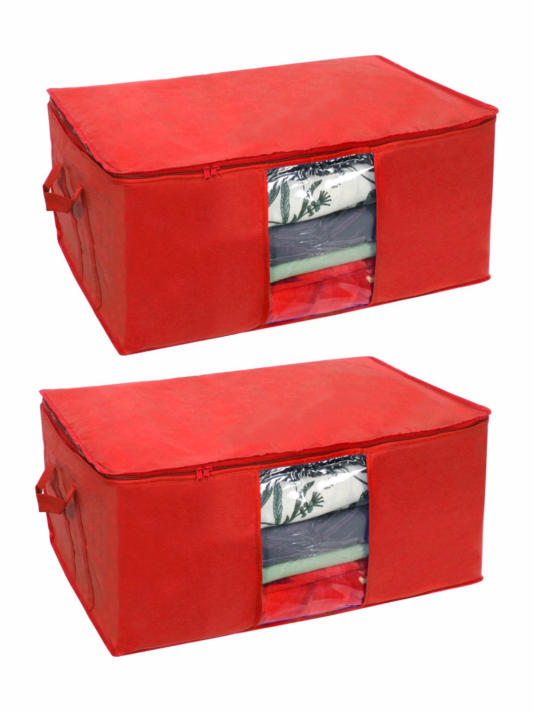 

prettykrafts Set Of 2 Red Solid Underbed Large Storage Bags With Transparent Window