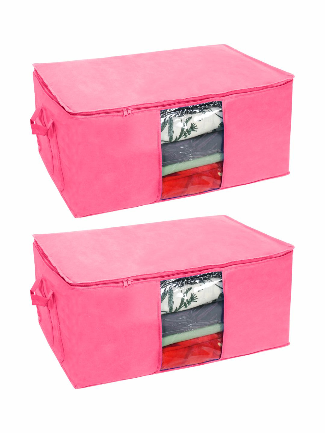 

prettykrafts Set Of 2 Pink Solid Underbed Large Storage Bags With Transparent Window