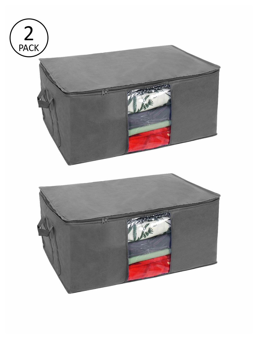 

prettykrafts Set Of 2 Charocoal Grey Solid Storage Bags With Transparent Window, Charcoal