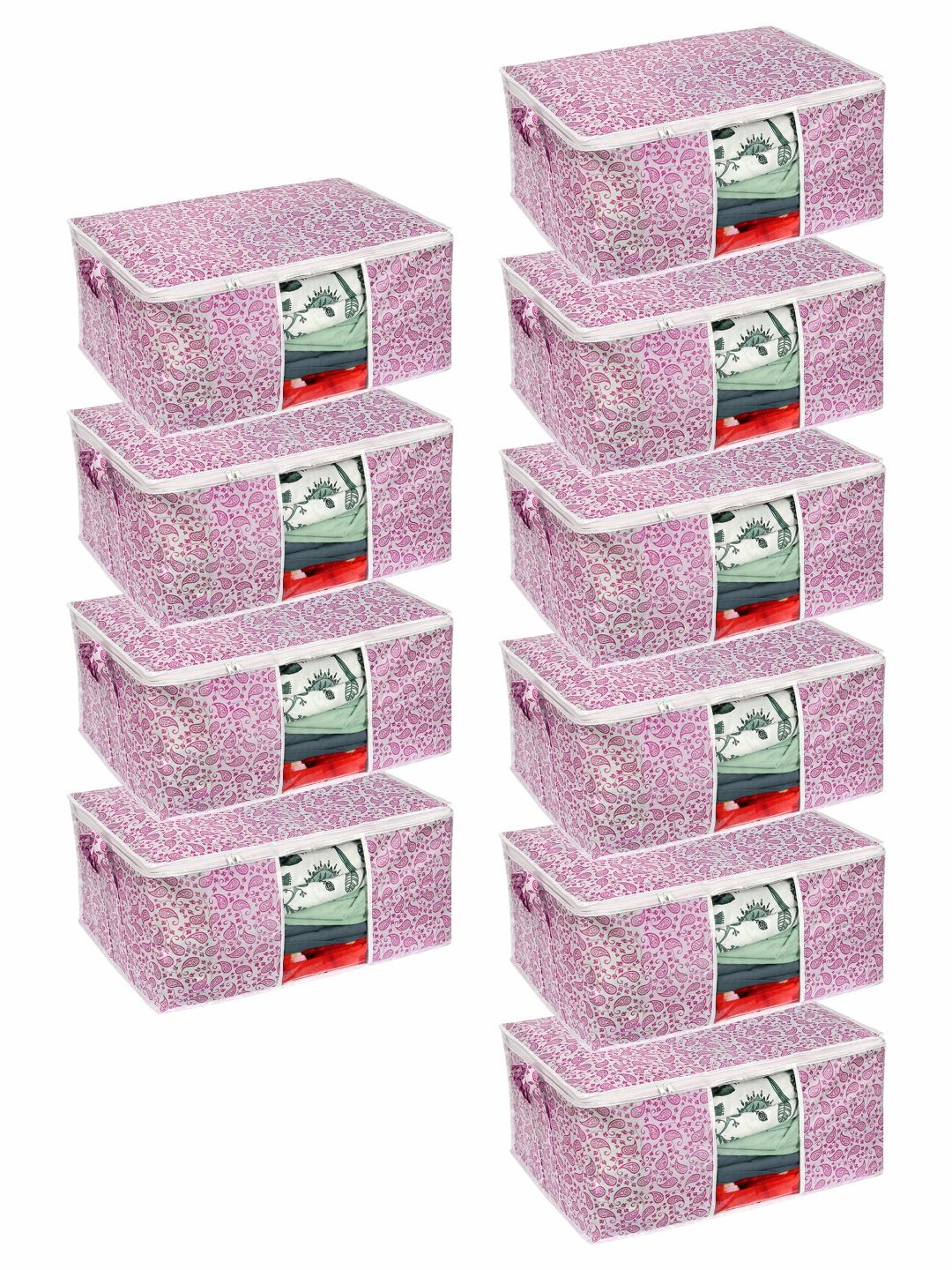 

prettykrafts Set Of 9 White & Pink Printed Storage Bags With Transparent Window