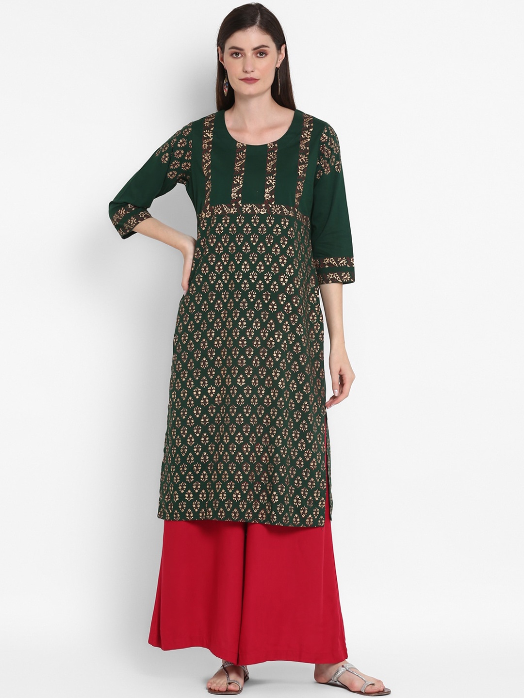 

ZOEYAMS Women Green & Beige Geometric Printed Kurta