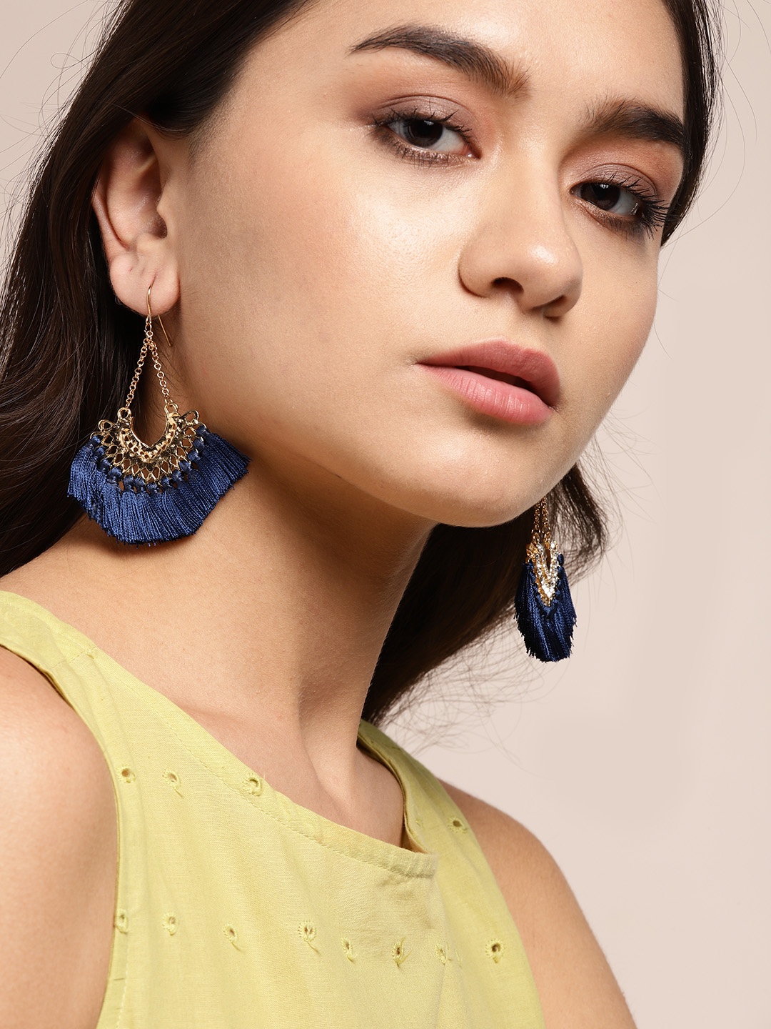 

Sangria Gold-Toned & Navy Blue Contemporary Tasseled Drop Earrings