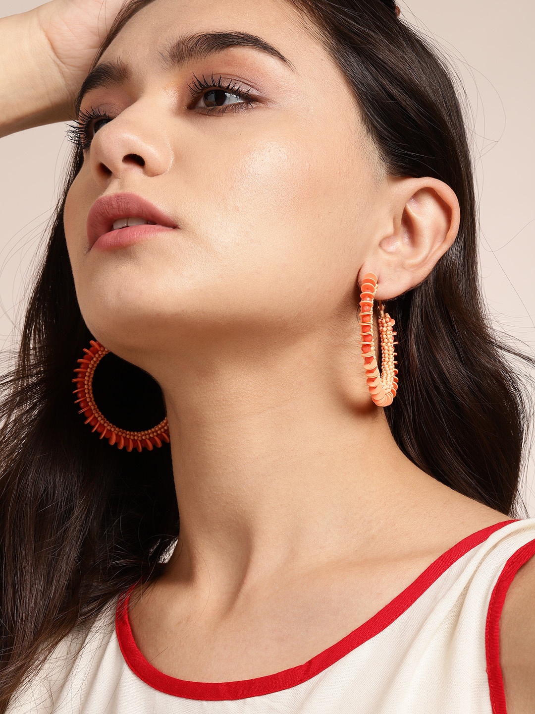 

Sangria Peach-Coloured Beaded Circular Hoop Earrings