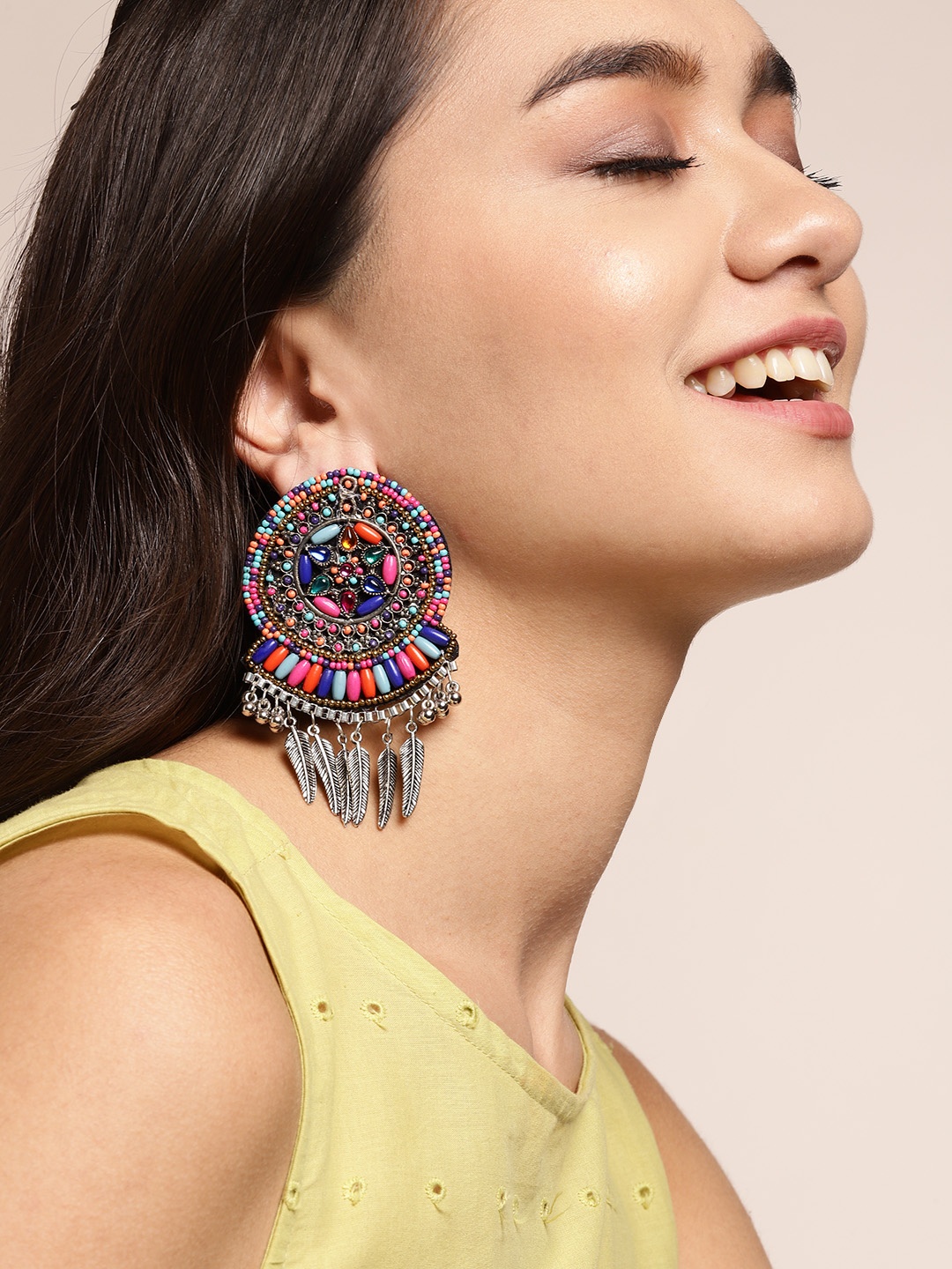 

Sangria Multicoloured Oxidised Silver-Plated Stone Studded & Beaded Circular Drop Earrings, Multi