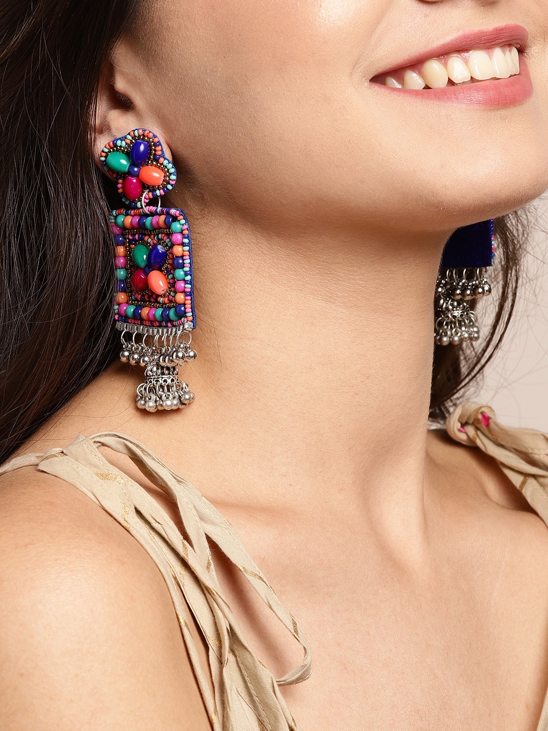 

Sangria Multicoloured Silver-Plated Beaded Geometric Drop Earrings, Multi