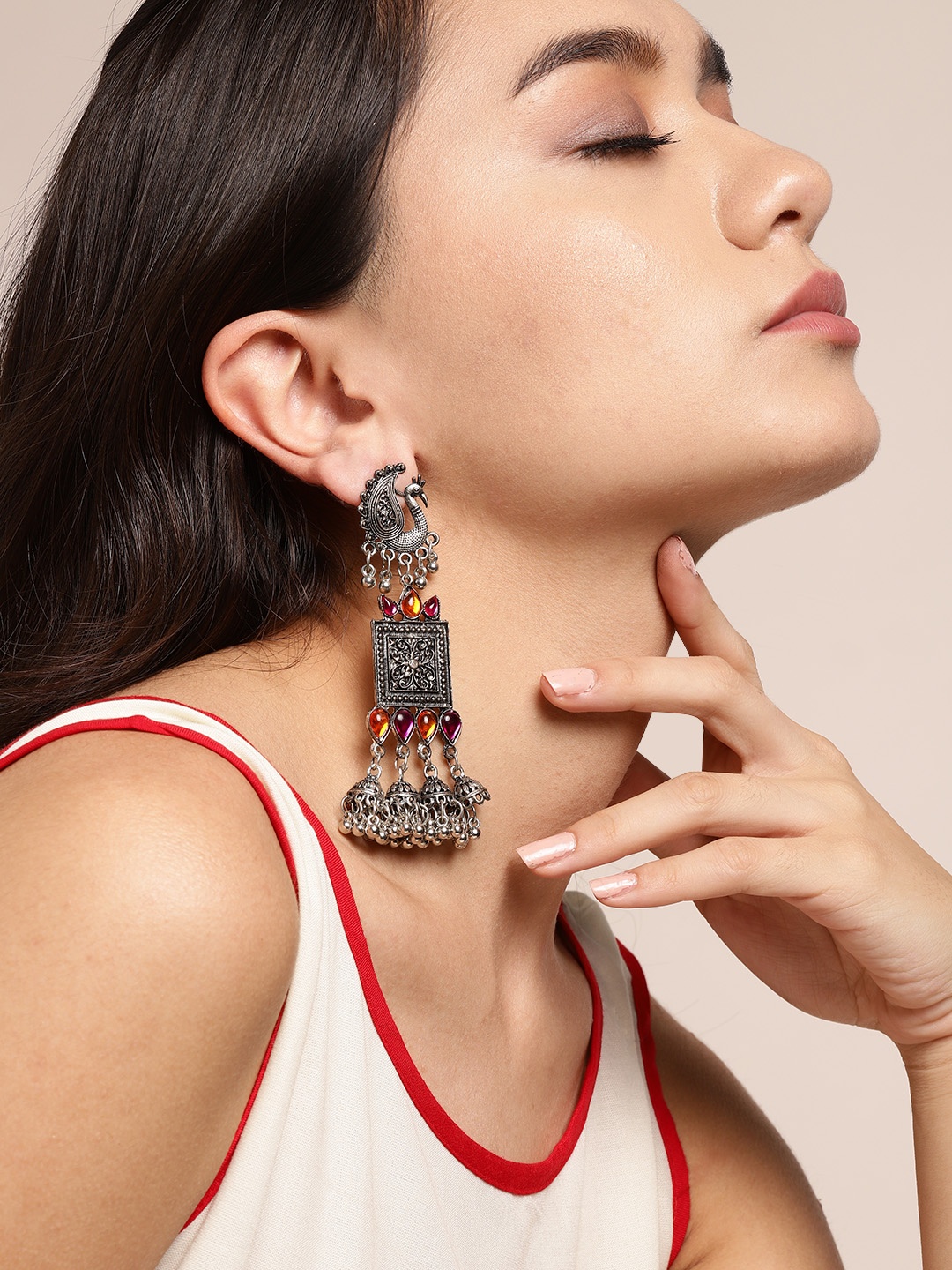 

Sangria Pink Oxidised Silver-Plated Stone Studded Drop Earrings