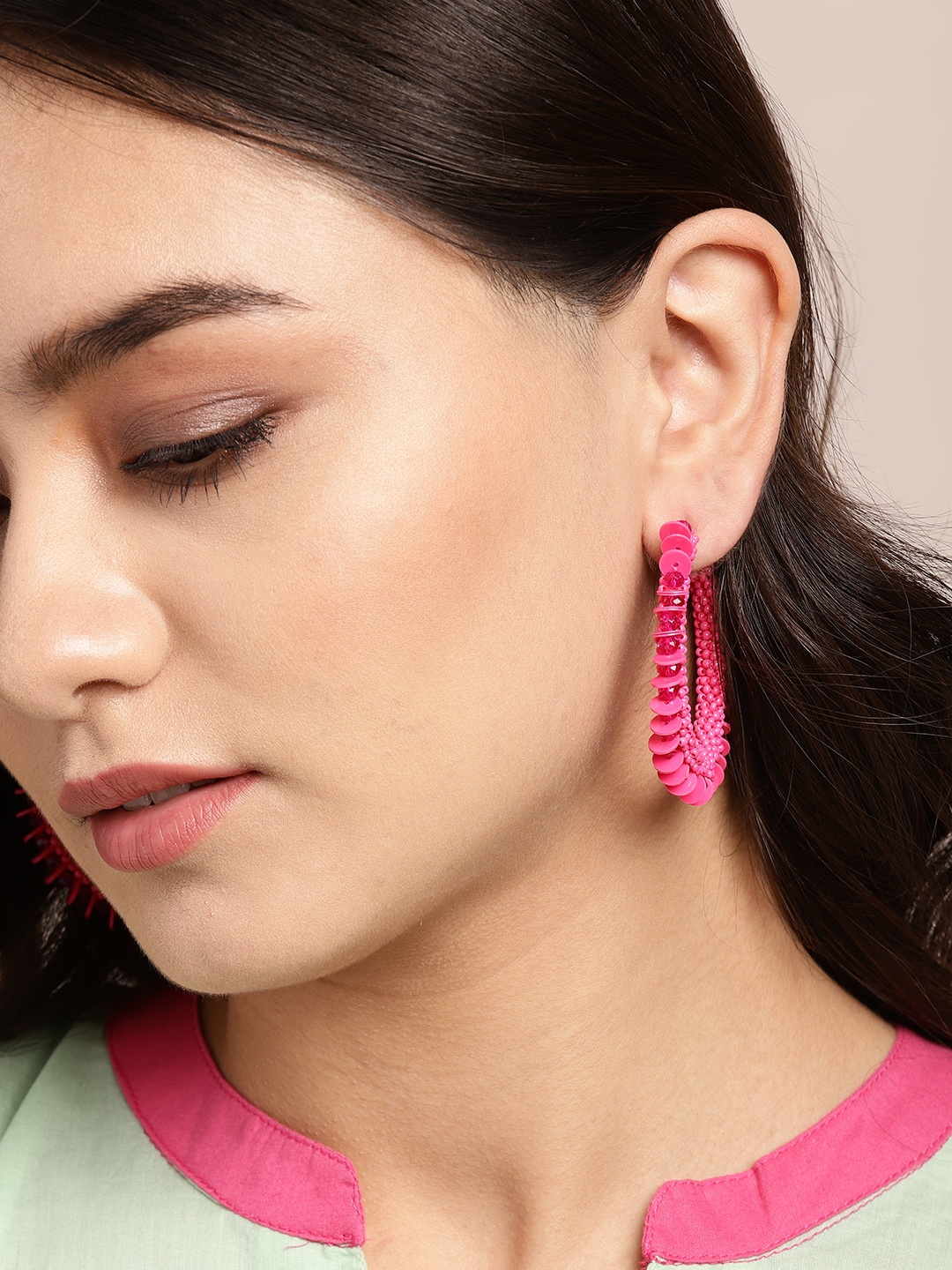 

Sangria Pink Beaded Circular Hoop Earrings