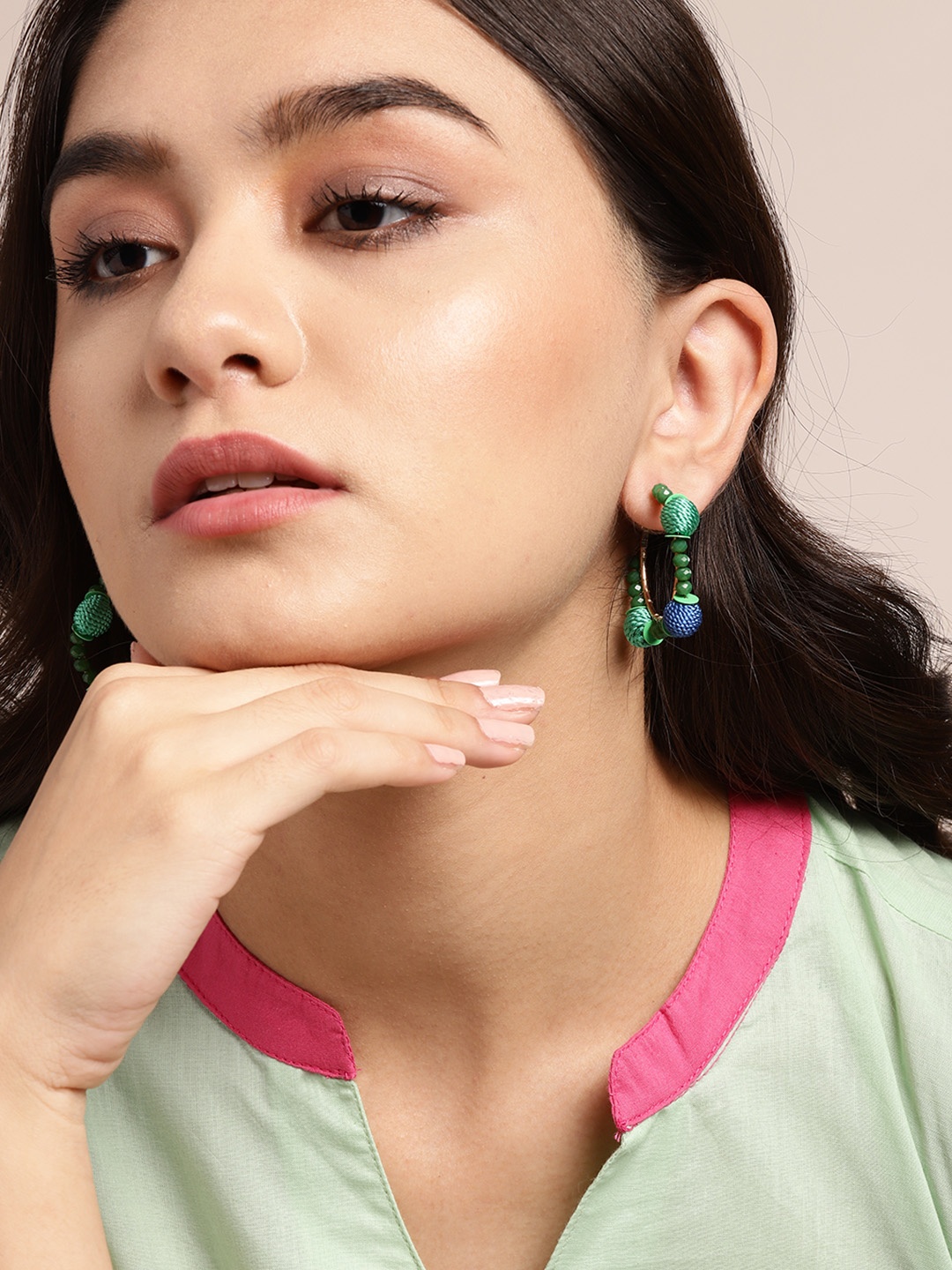 

Sangria Green & Gold-Toned Beaded Circular Hoop Earrings