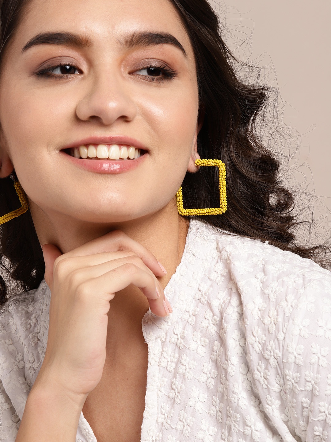 

Sangria Yellow & Silver-Toned Beaded Diamond Shaped Hoop Earrings