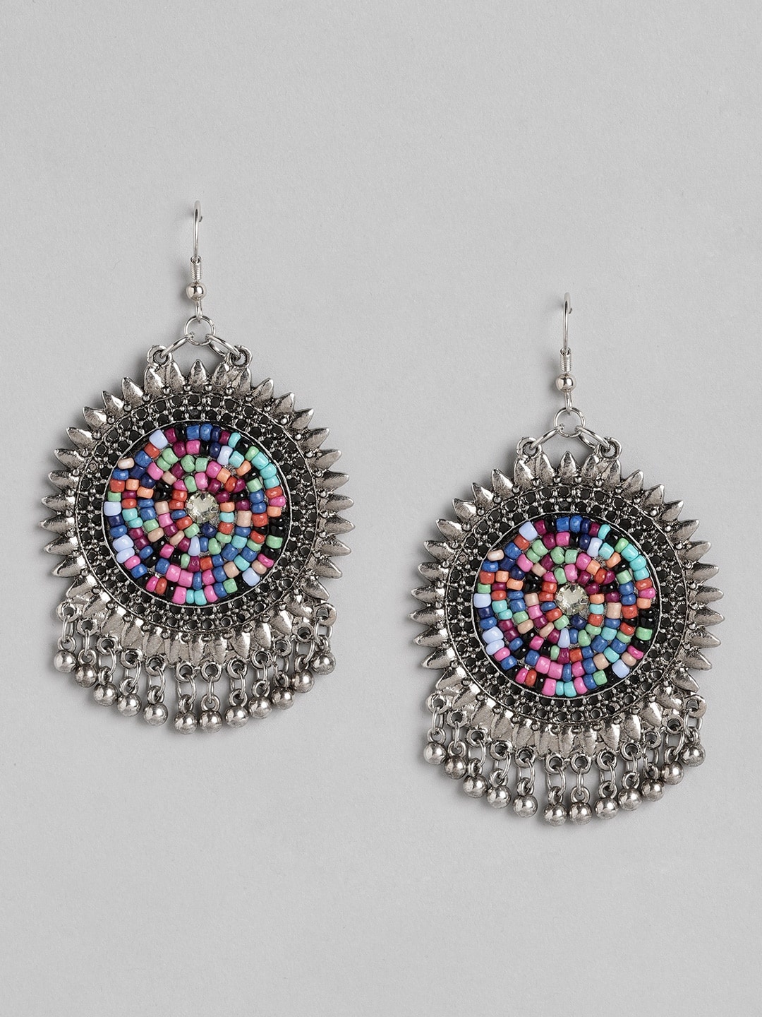 

Sangria Silver-Toned & Blue Beaded Circular Drop Earrings