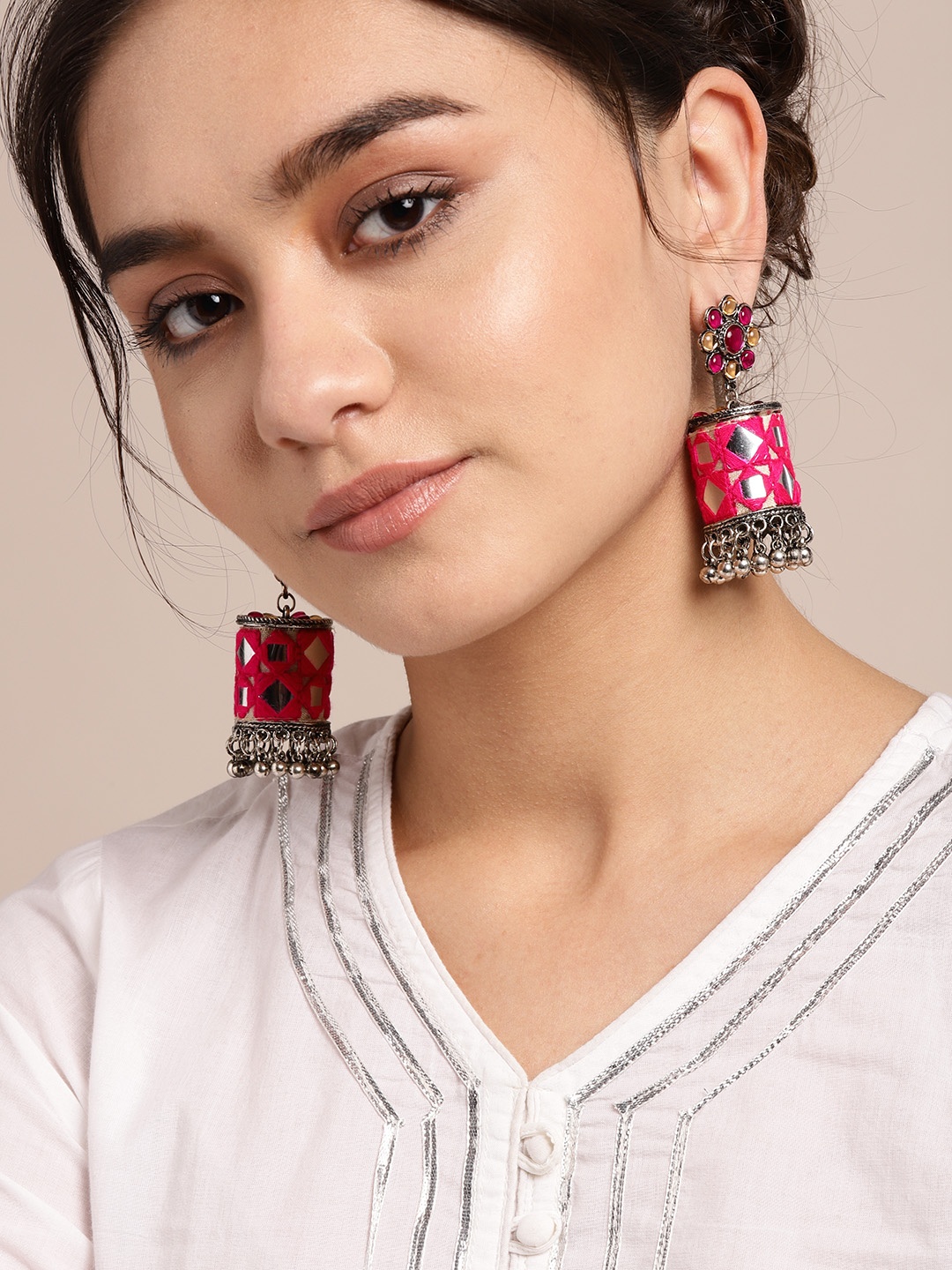 

Sangria Pink & Yellow Oxidised Silver-Plated Threadwork Mirror Detail Floral Drop Earrings