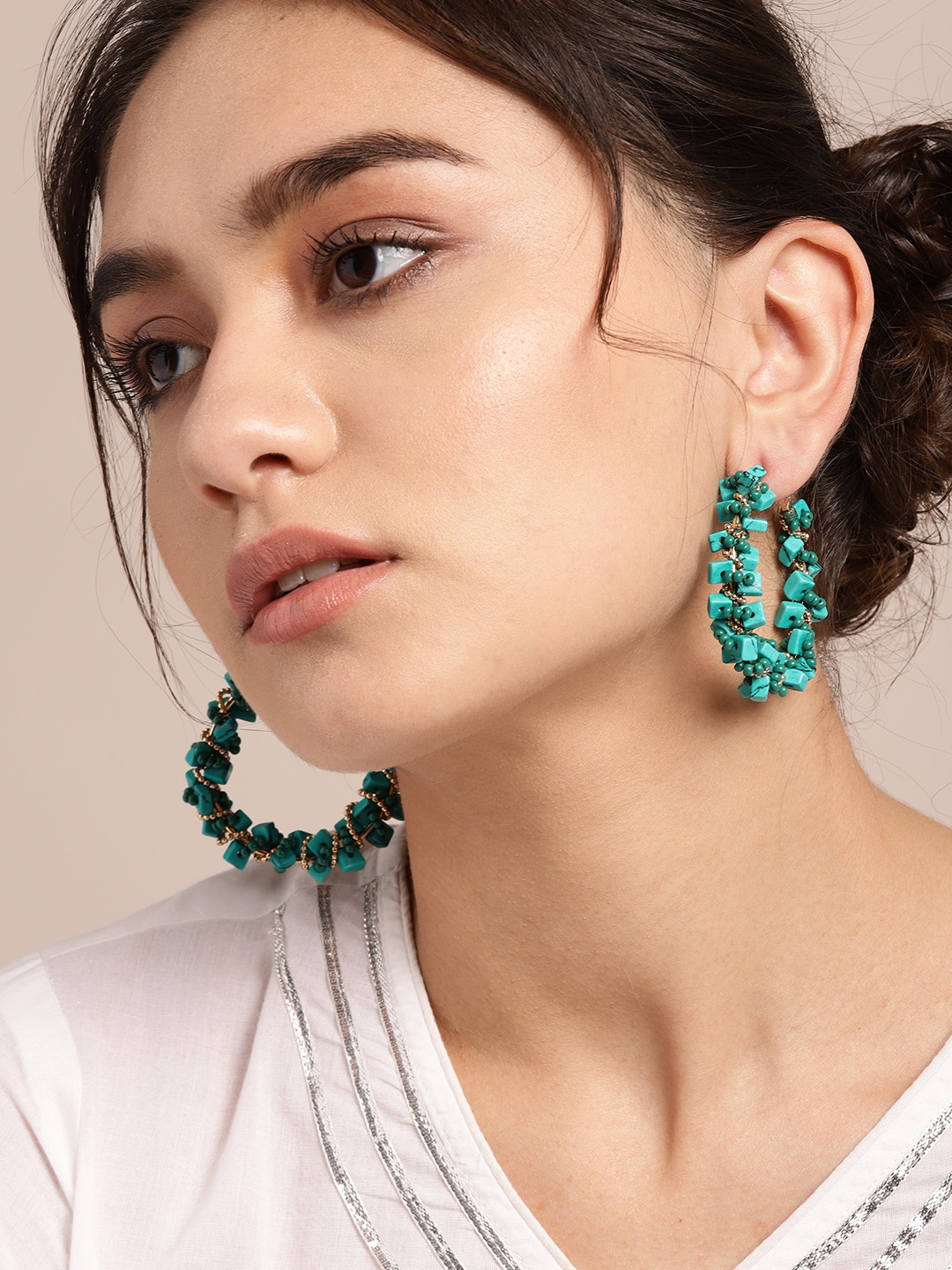 

Sangria Green & Gold-Toned Beaded Circular Hoop Earrings