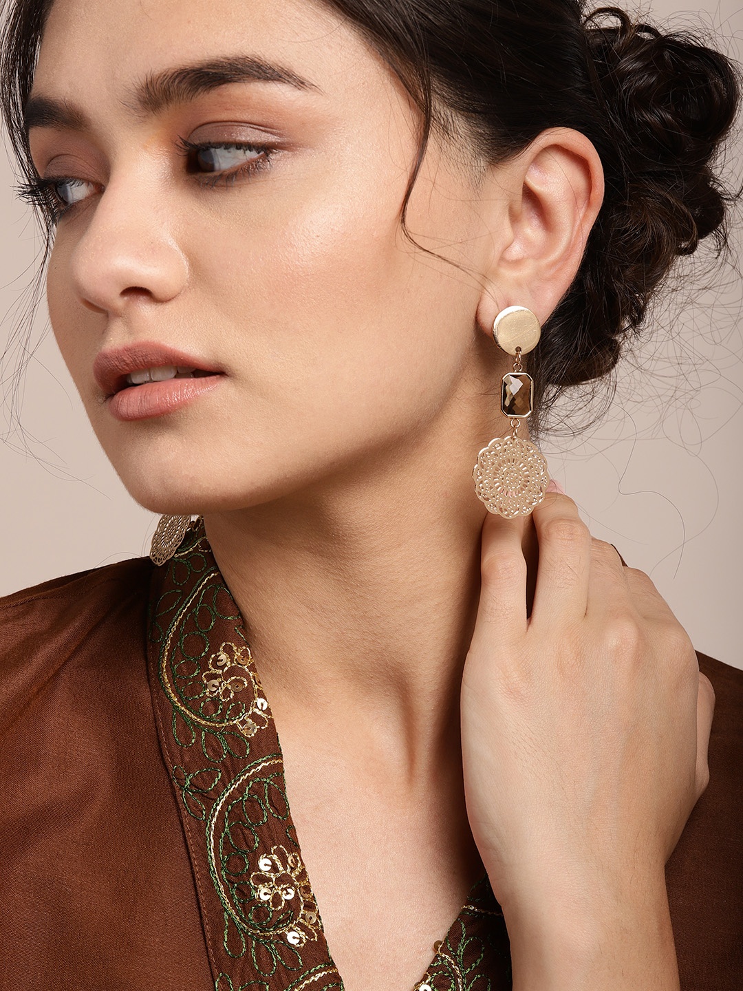

Sangria Gold-Toned Rose Gold-Plated Beaded Contemporary Drop Earrings