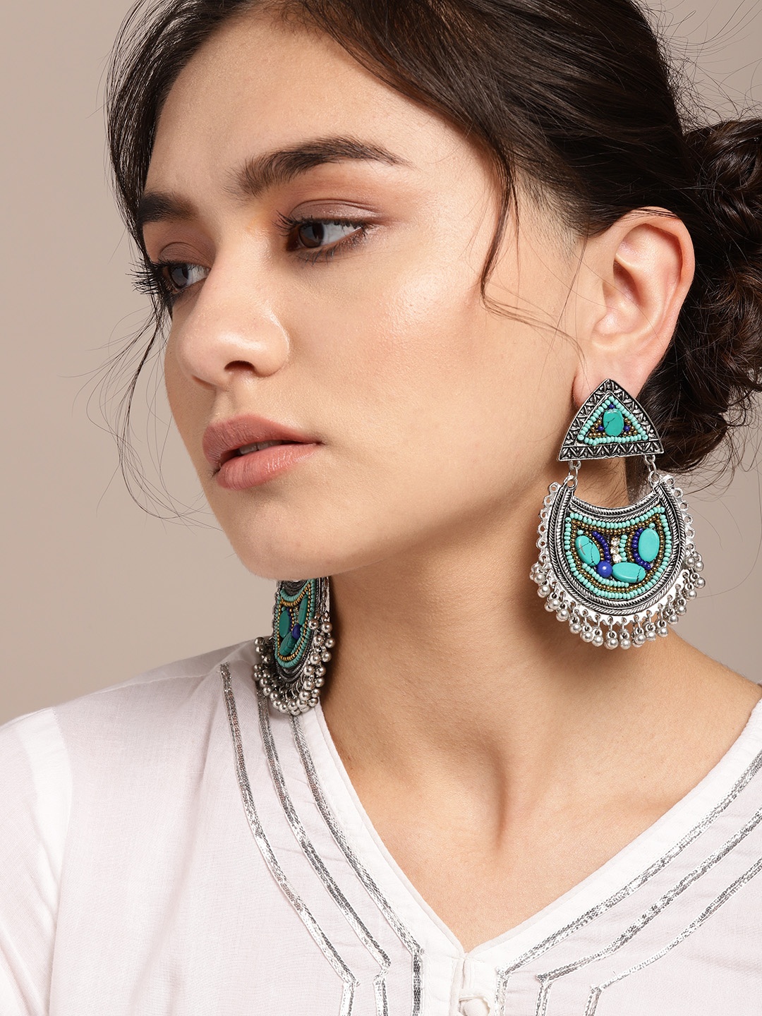 

Sangria Sea Green Oxidised Silver-Plated Beaded Classic Drop Earrings