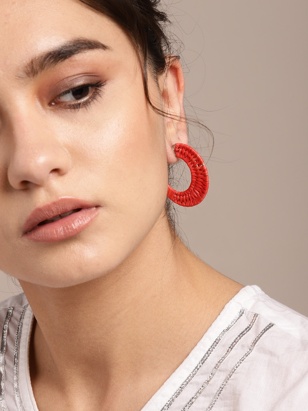 

Sangria Coral Orange Crescent Shaped Threadwork Half Hoop Earrings