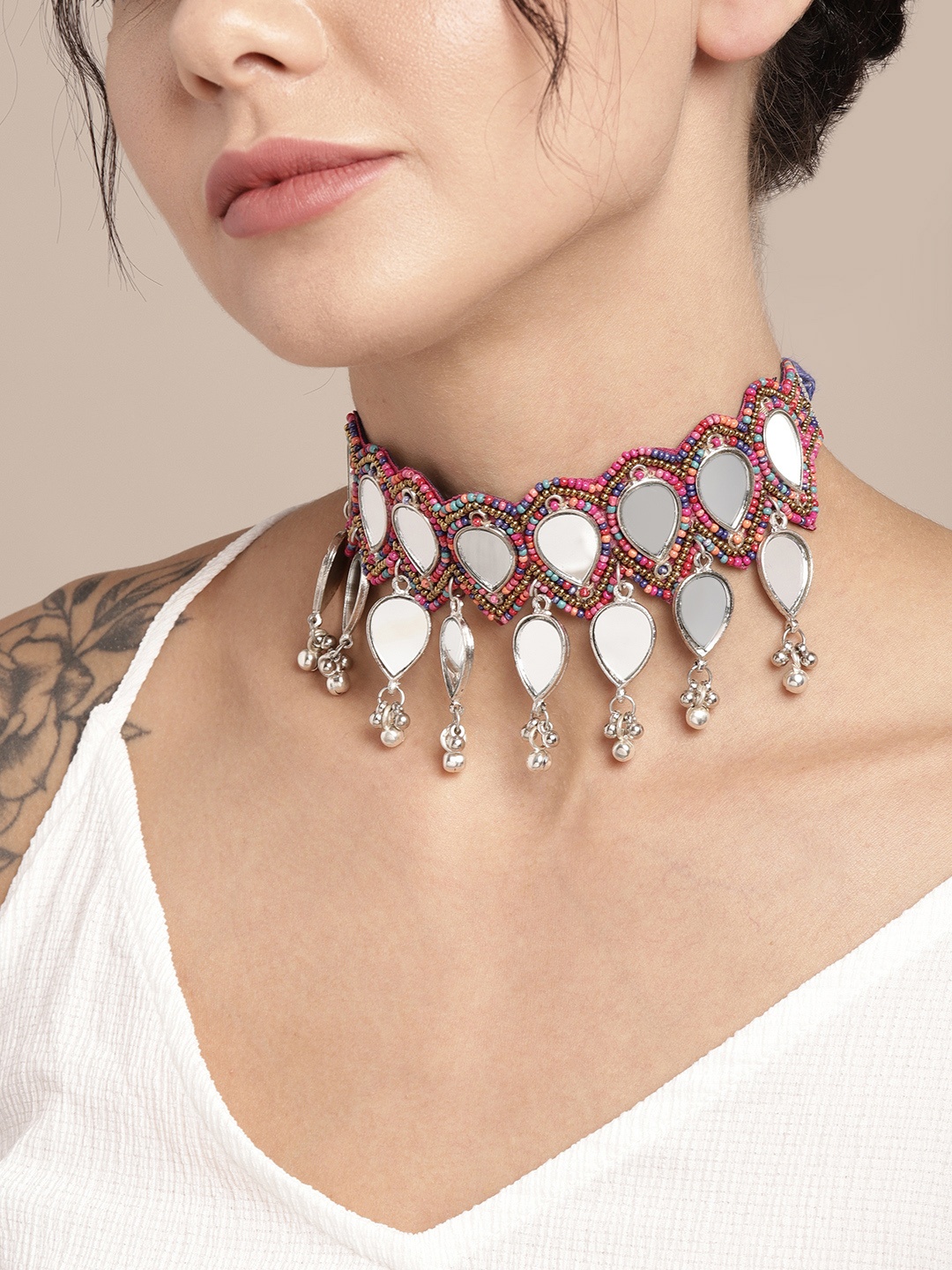 

Sangria Multicoloured Beaded Mirror Work Choker Necklace, Multi