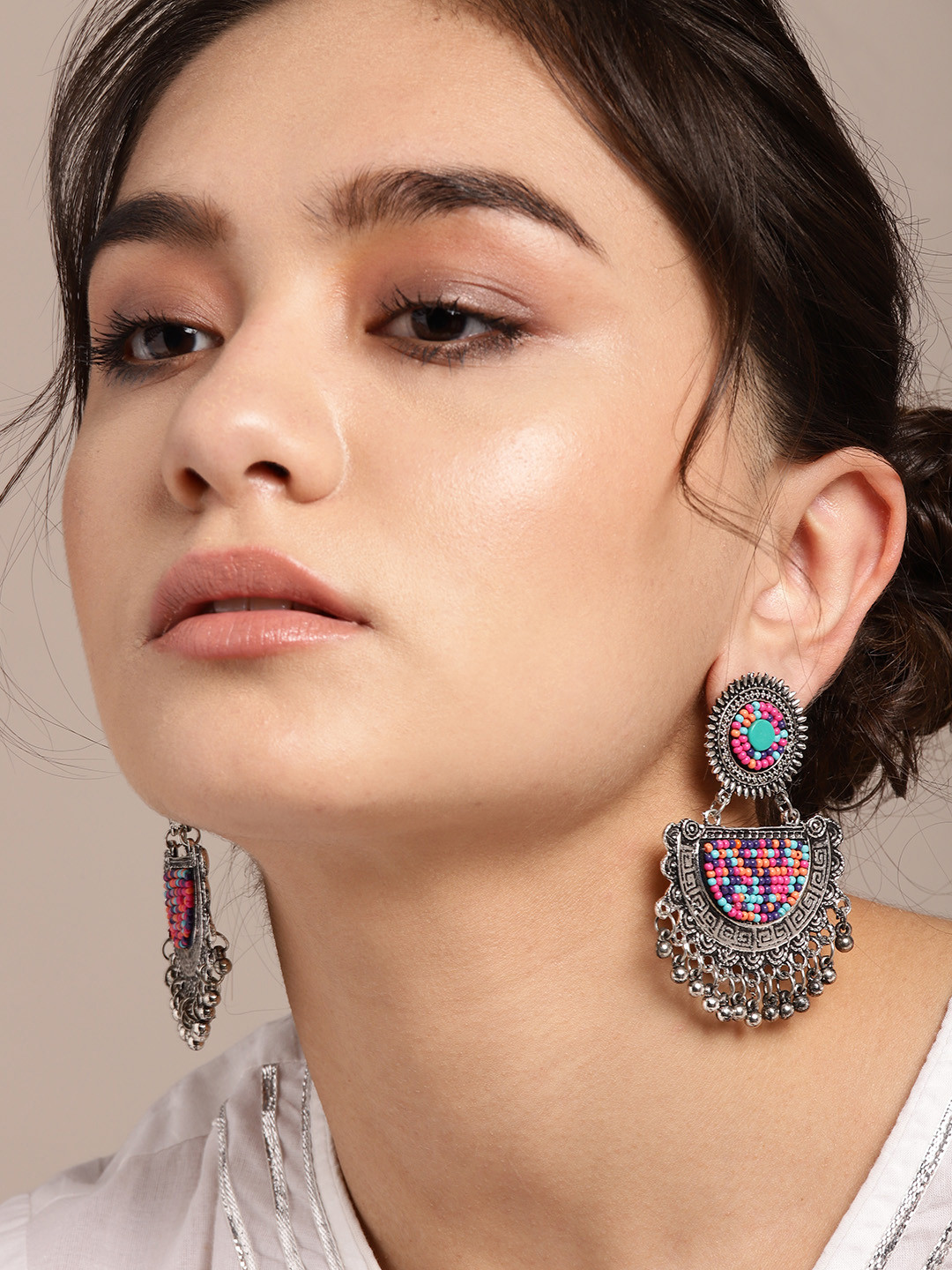 

Sangria Pink & Blue Oxidised Silver-Plated Beaded Crescent Shaped Chandbalis