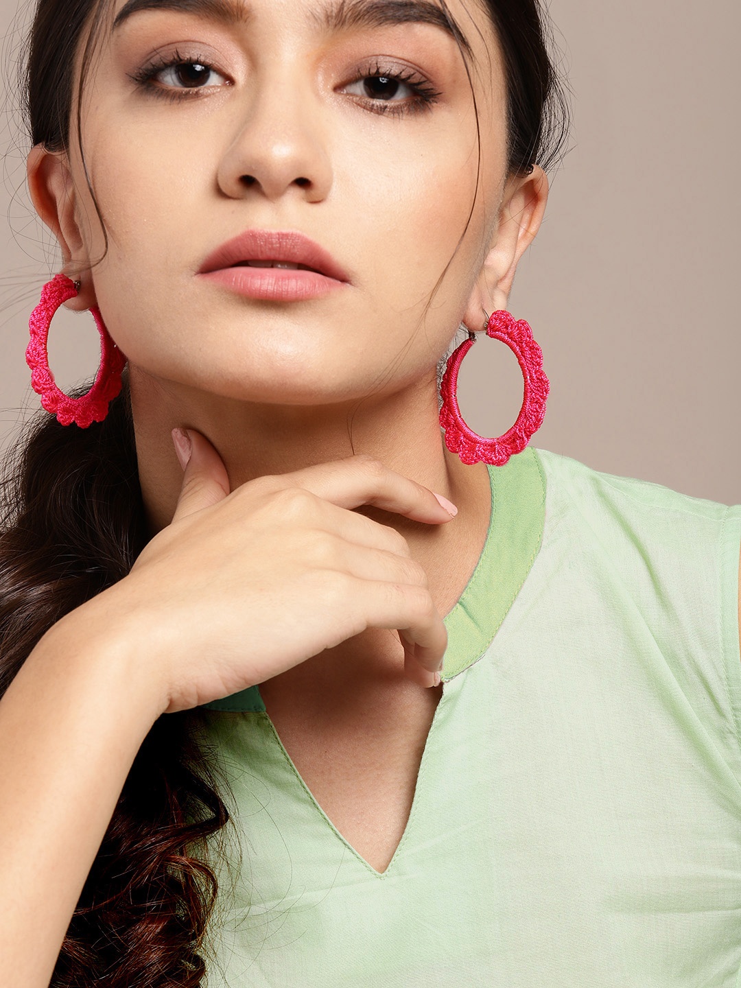 

Sangria Pink Silver-Plated Crochet Circular Hoop Earrings