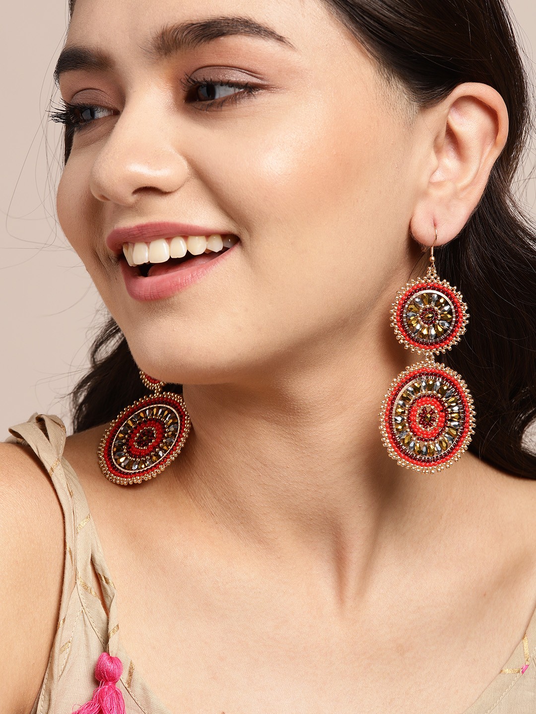 

Sangria Gold-Toned & Red Beaded Circular Drop Earrings