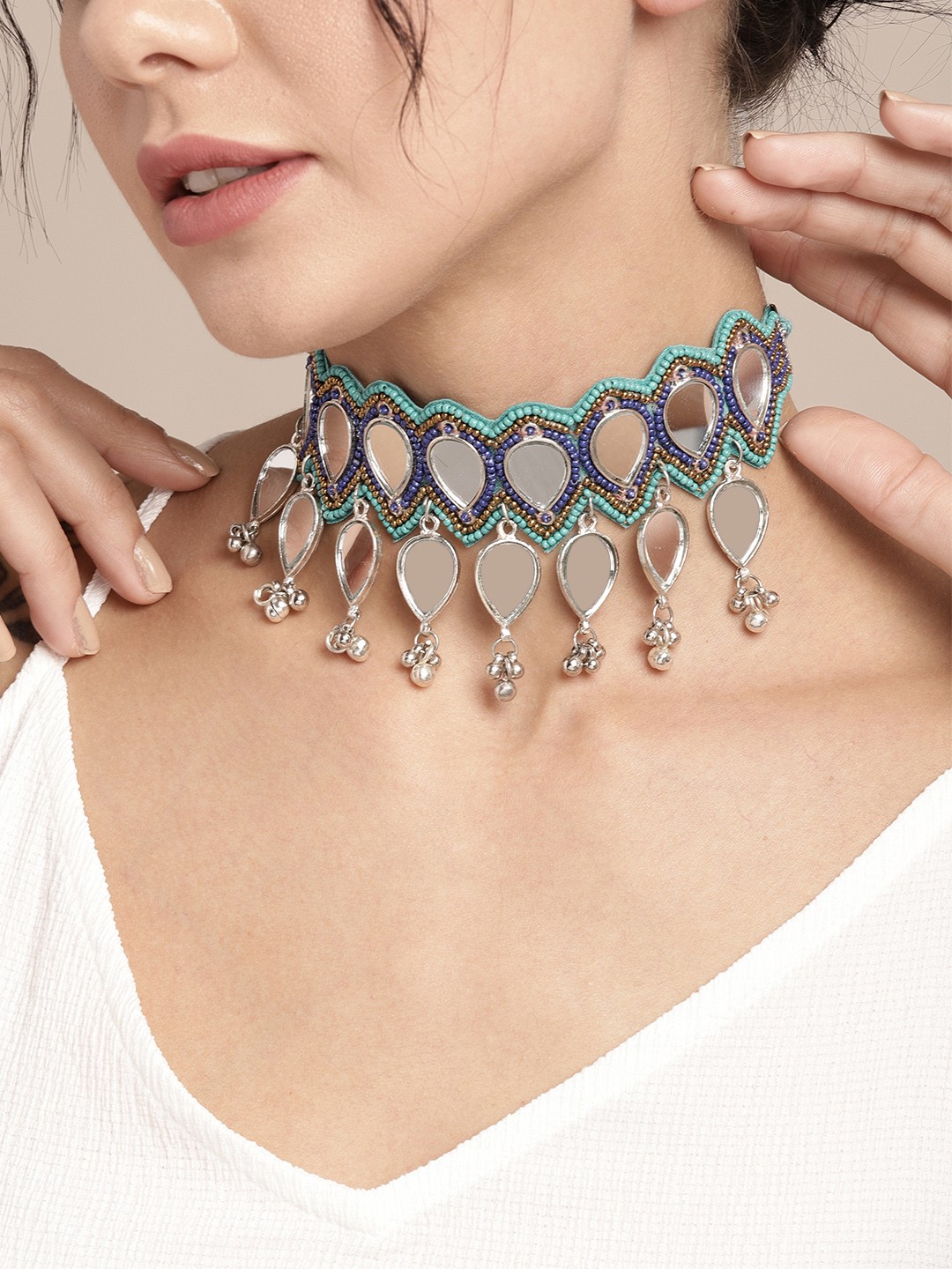 

Sangria Green & Blue Beaded Mirror Work Choker Necklace