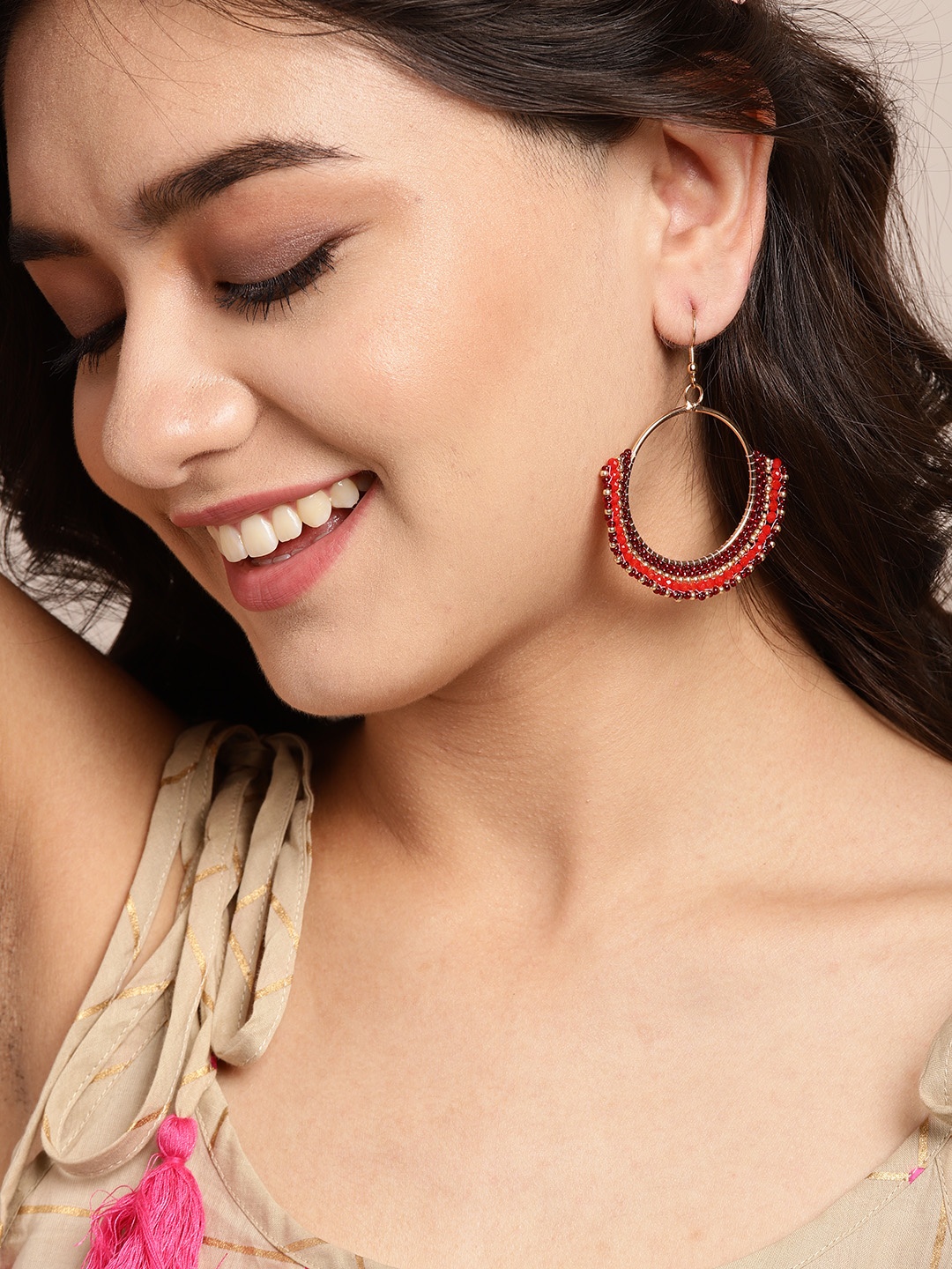 

Sangria Red Gold-Plated Beaded Circular Drop Earrings