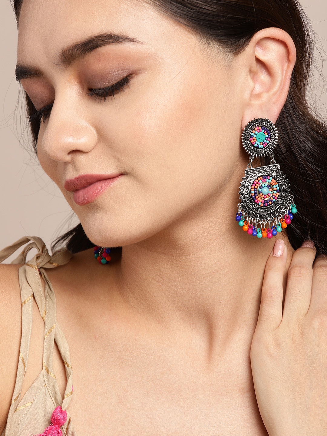 

Sangria Oxidised Pink & Blue Silver-Plated Beaded Textured Classic Drop Earrings