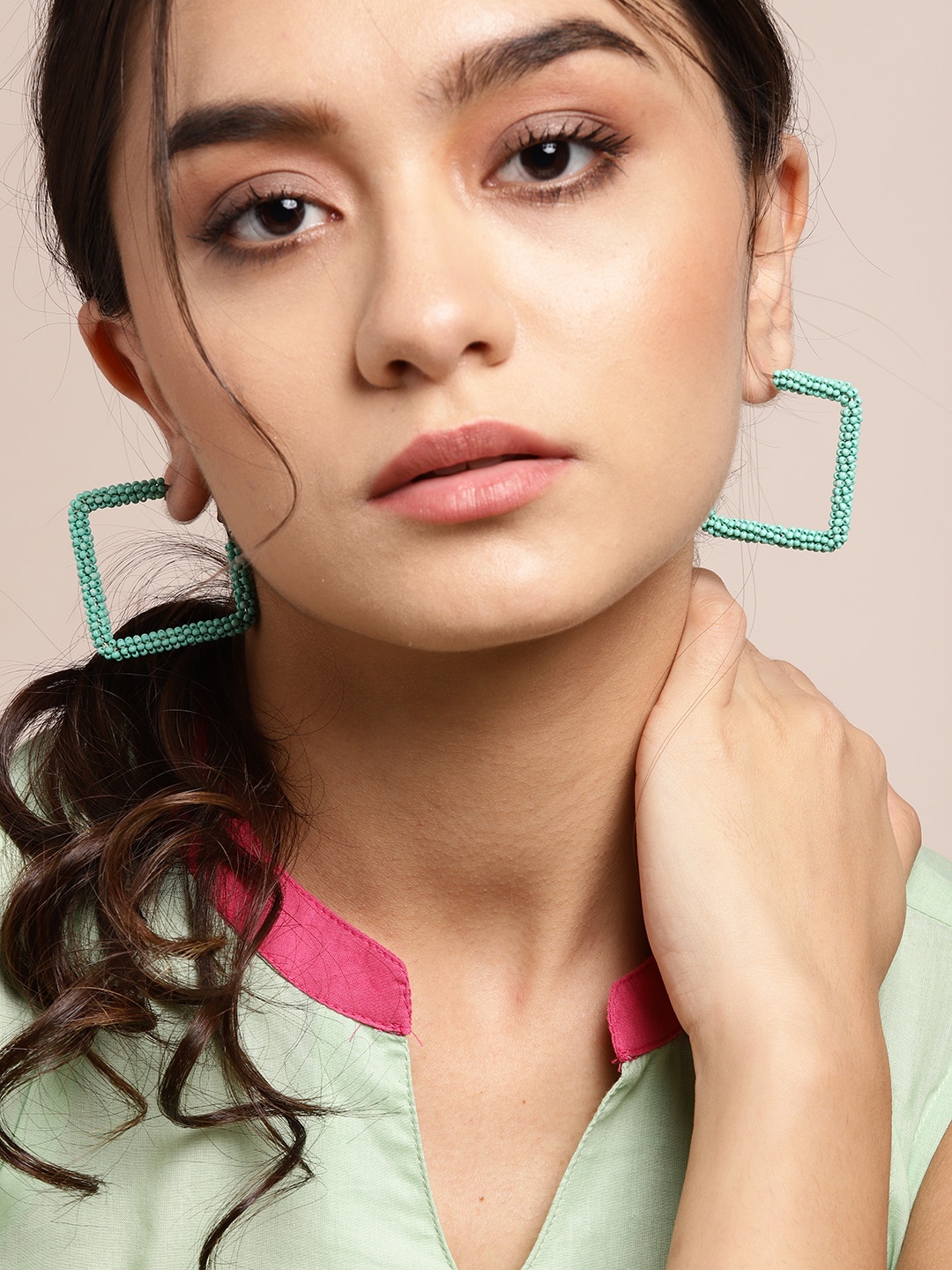 

Sangria Green Beaded Diamond Shaped Drop Earrings
