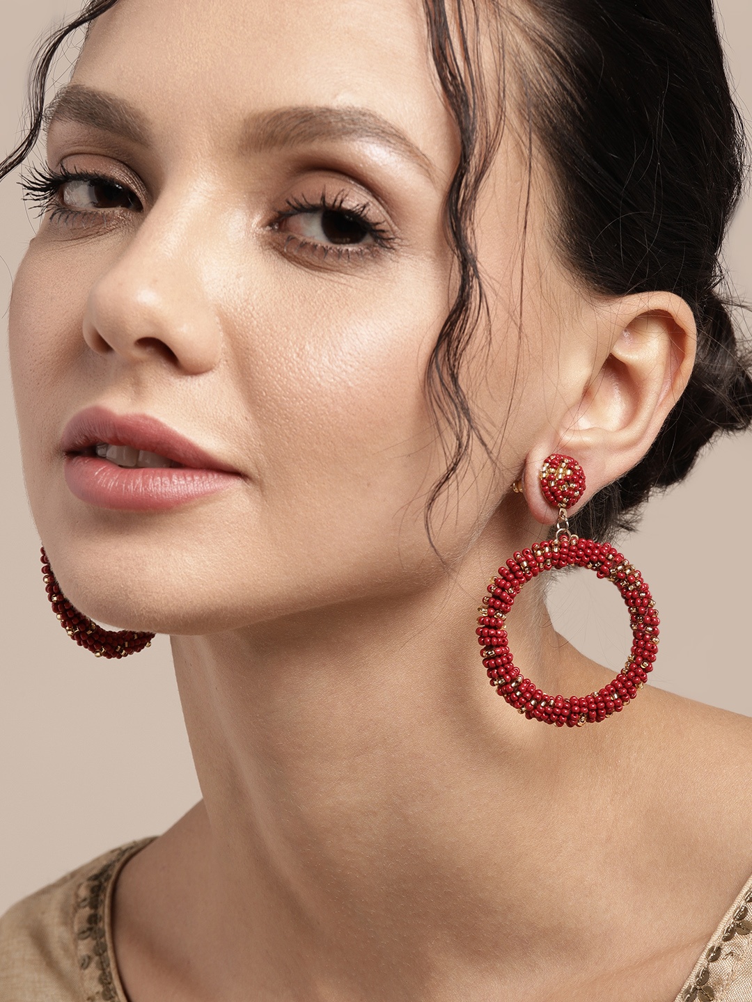 

Sangria Red & Gold-Toned Circular Beaded Drop Earrings
