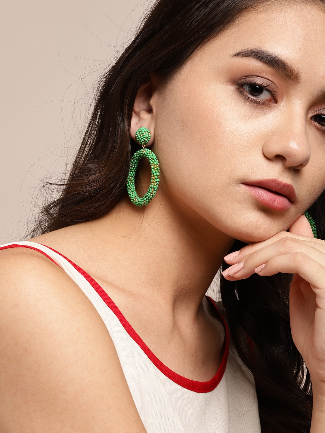 

Sangria Green & Gold-Toned Beaded Circular Drop Earrings