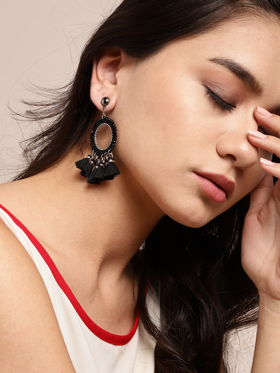 

Sangria Black & Silver-Toned Beaded Tasseled Circular Drop Earrings