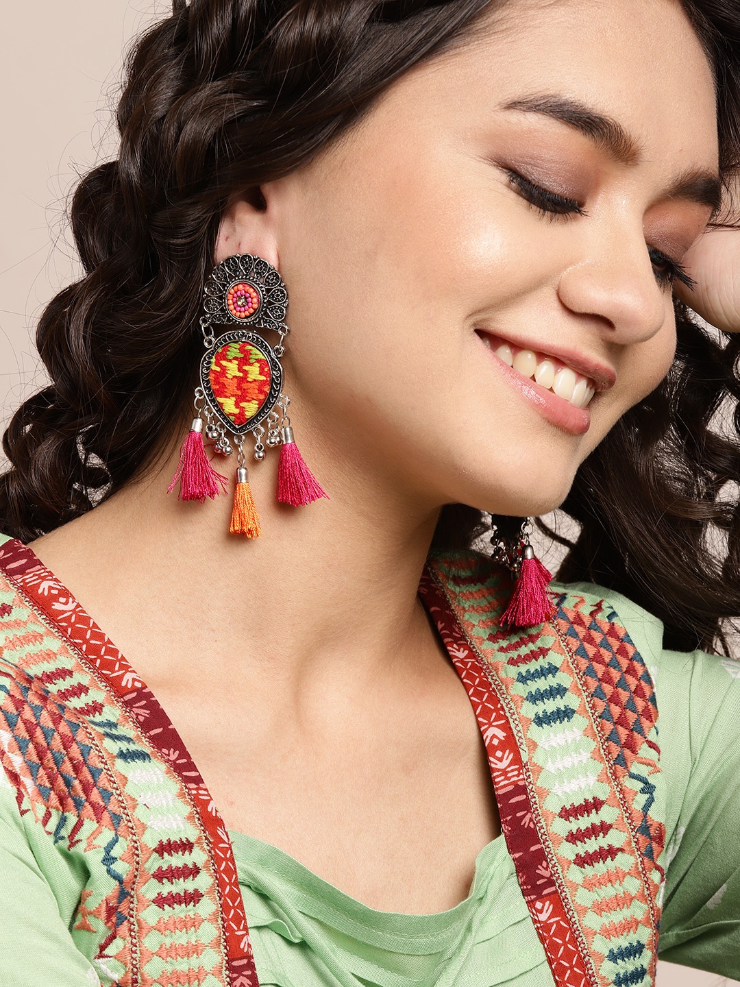 

Sangria Oxidised Red & Yellow Silver-Plated Beaded Tasselled Classic Drop Earrings