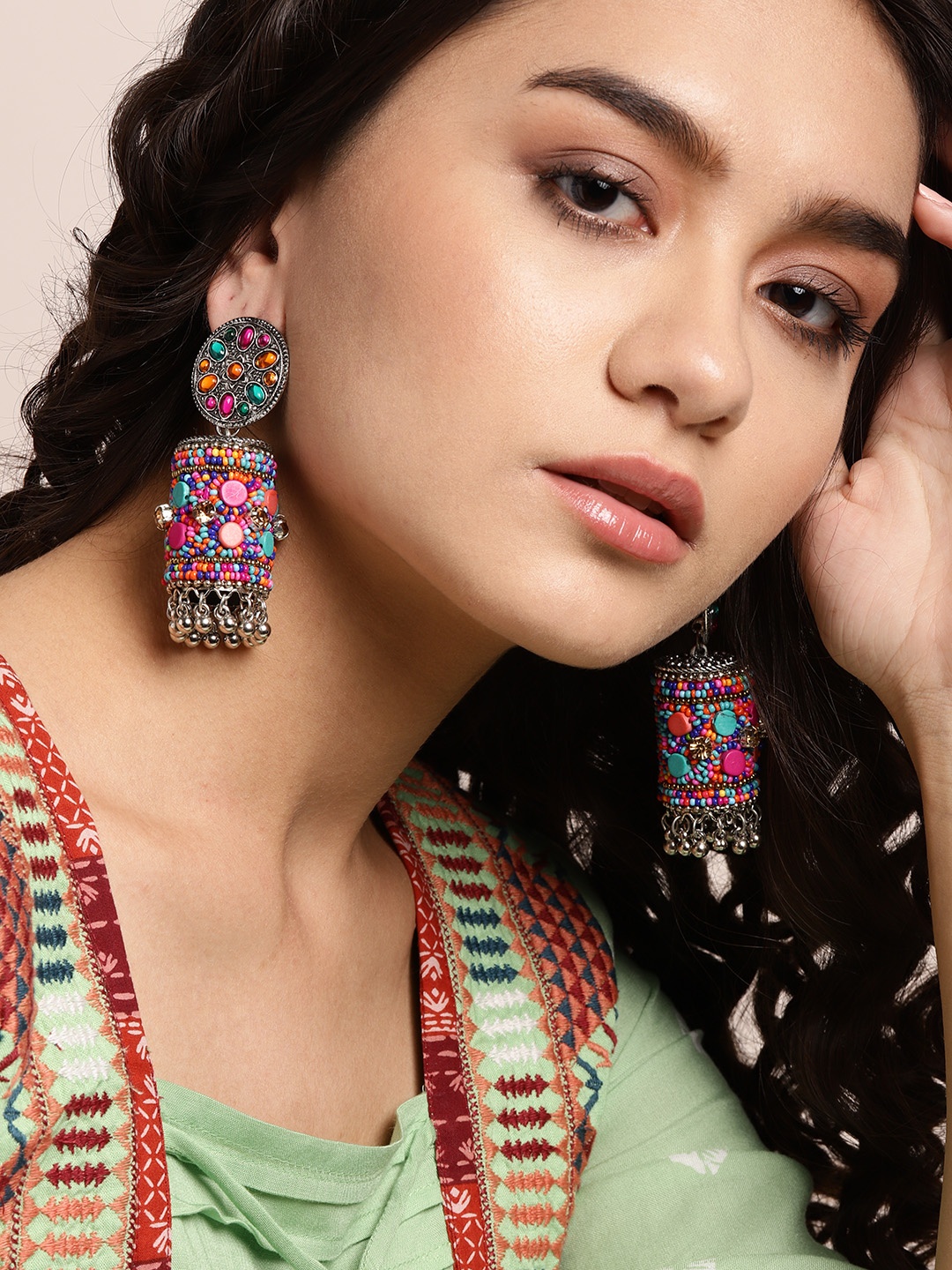 

Sangria Multicoloured Silver-Plated Stone Studded & Beaded Dome Shaped Jhumkas, Multi