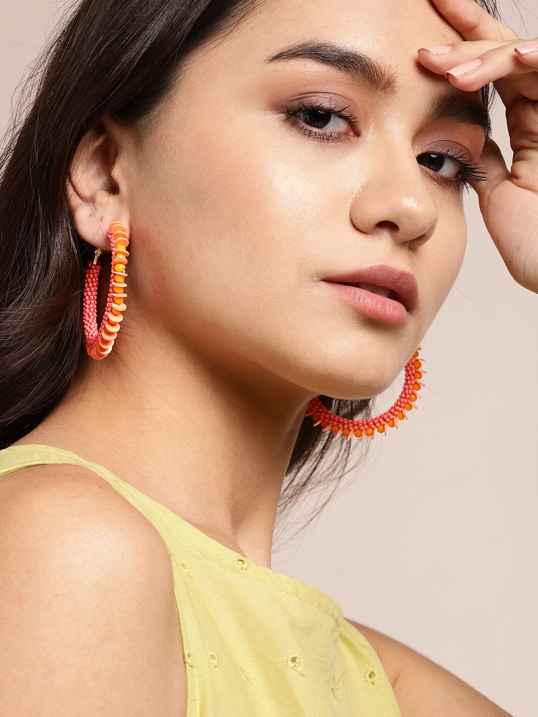 

Sangria Coral Pink & Orange Beaded Circular Hoop Earrings