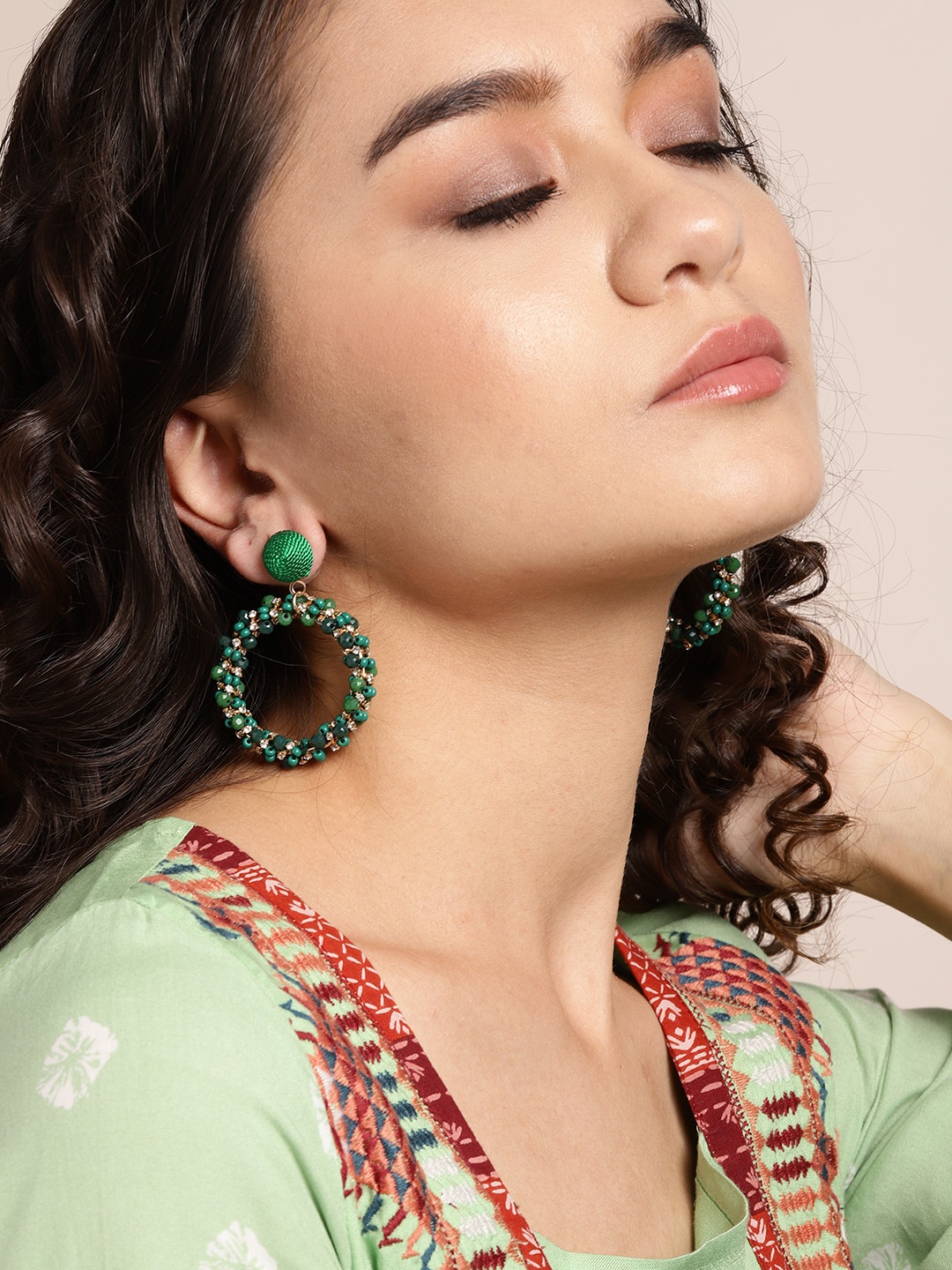 

Sangria Green & Gold-Toned Stone Studded & Beaded Circular Drop Earrings